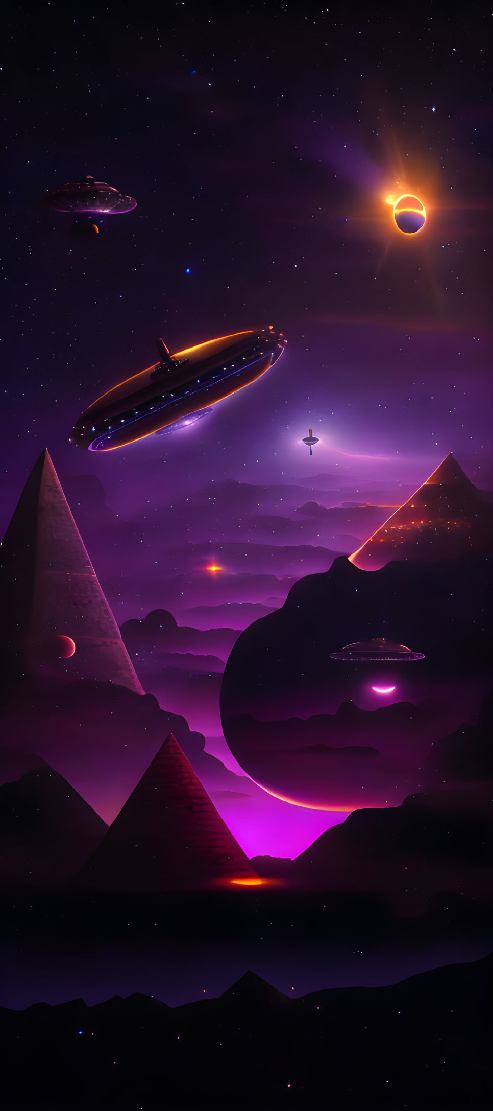 Futuristic landscape with pyramids, spaceships, planets, star, and eclipse in purple and