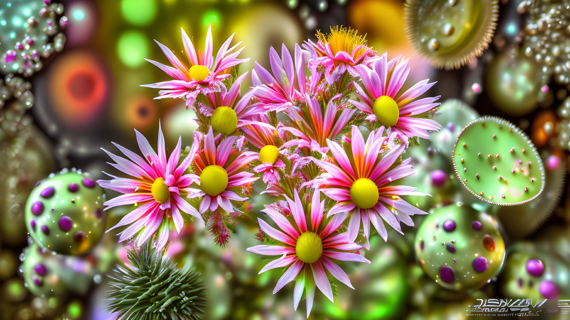 Colorful digital artwork: Pink and white daisies in abstract fantasy setting