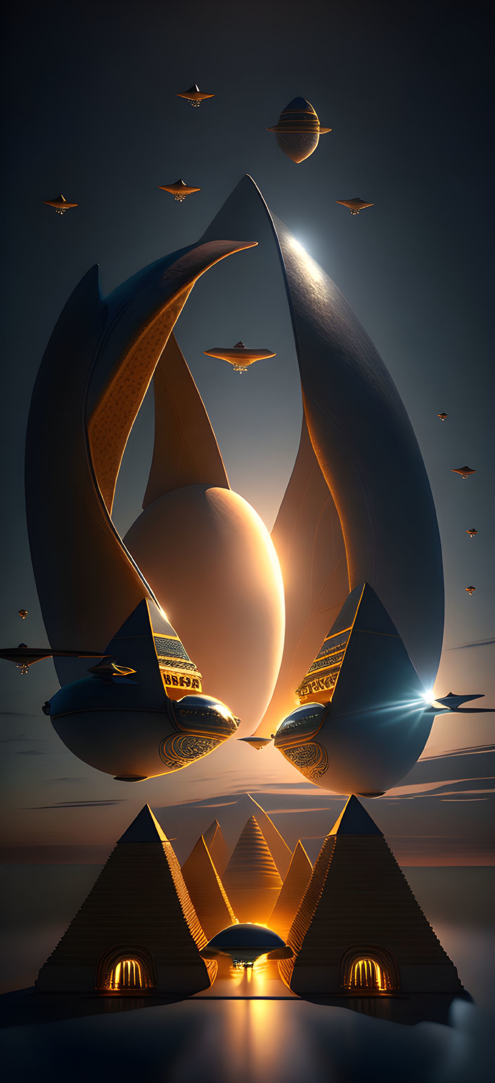 Surreal futuristic golden ships around glowing orb with birds, pyramids, dusk sky