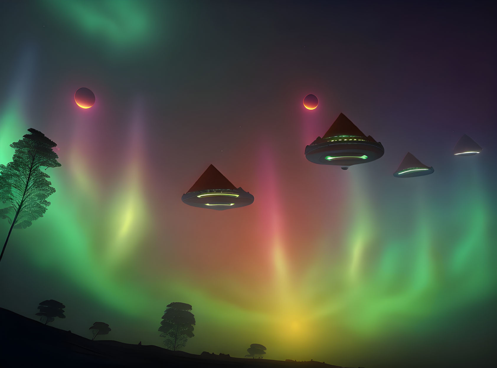 UFOs hover under aurora sky with colorful beams over trees