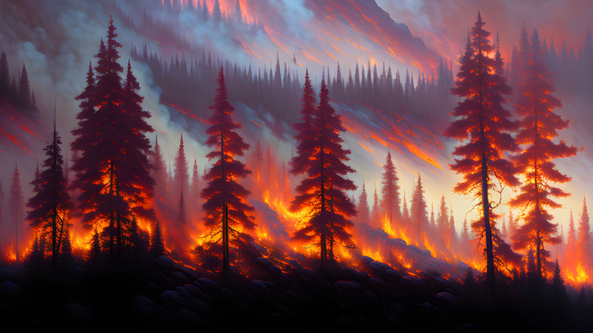 Digital artwork of forest engulfed in towering flames