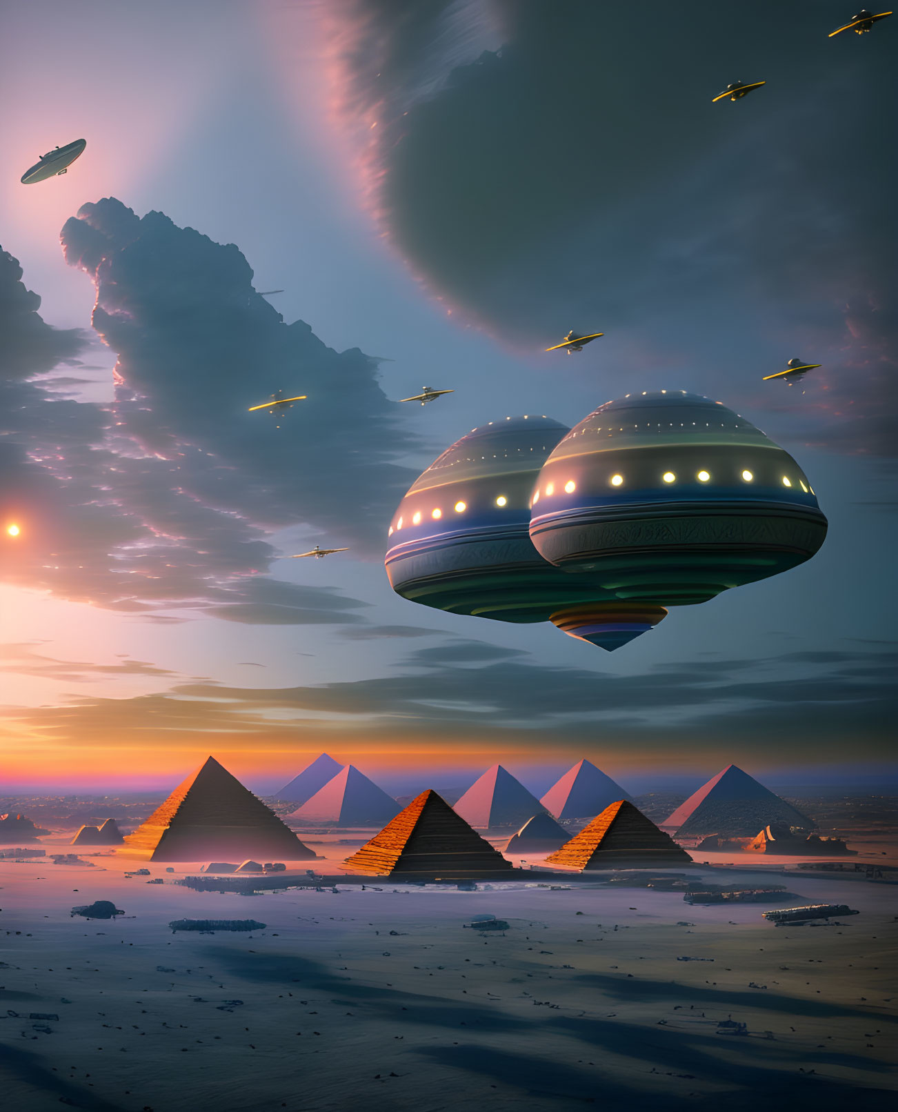 Artwork: Flying saucers over Egyptian pyramids at dusk