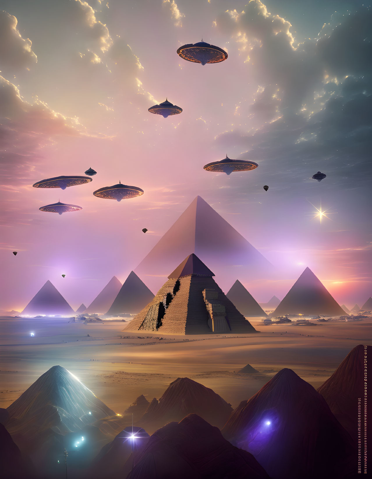 Surreal landscape with pyramids, UFOs, and luminous anomalies