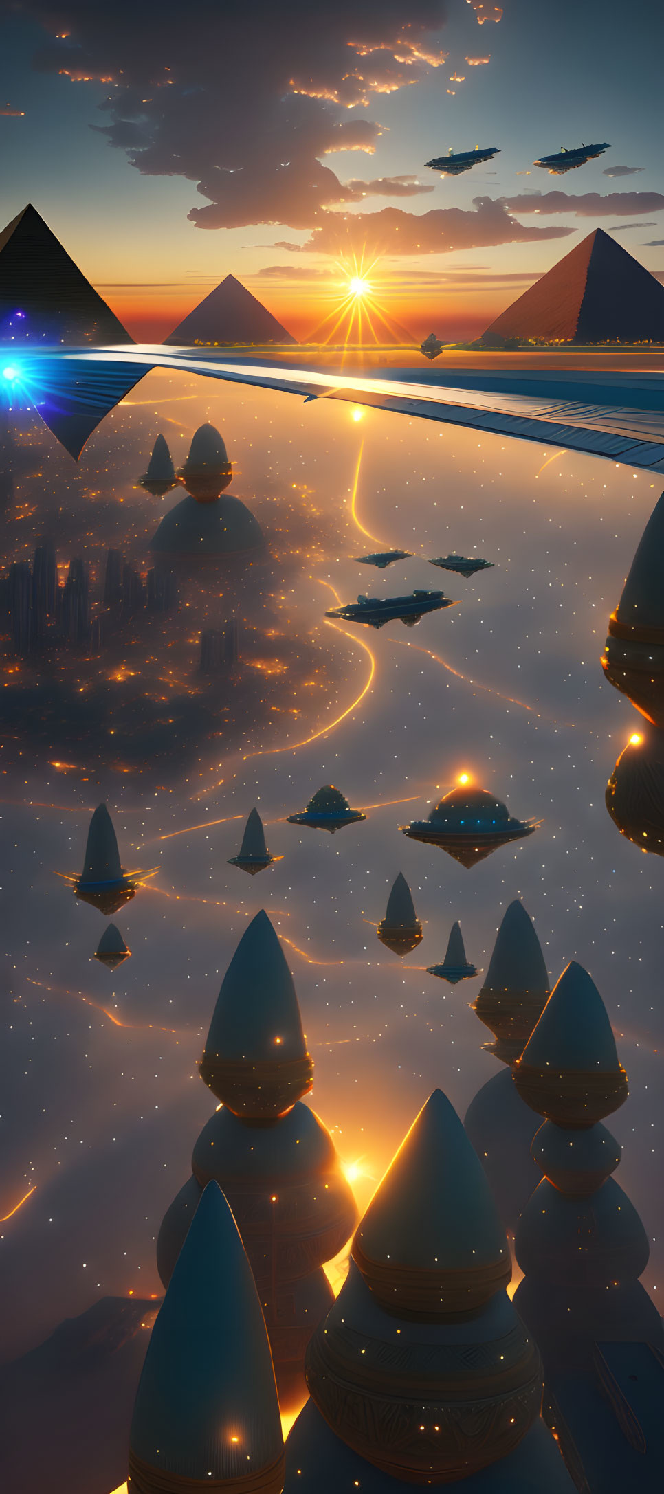 Futuristic cityscape with pyramids, flying vehicles, and glowing spheres at sunset