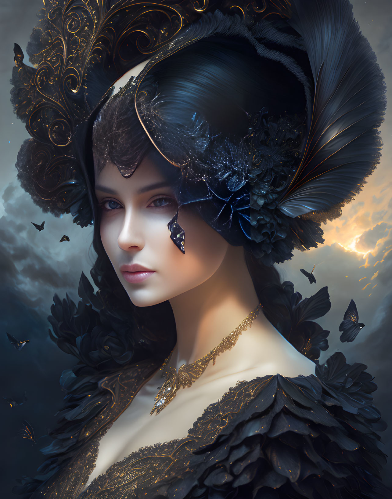 Portrait of woman in dark feathered attire with ornate headpiece and butterflies against moody sky