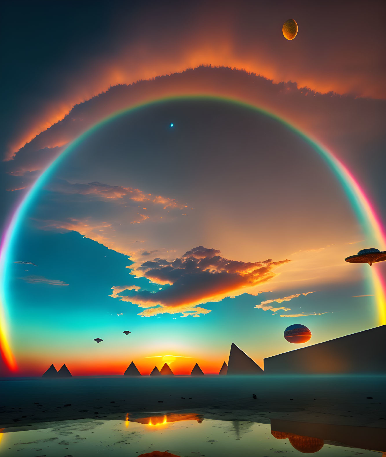 Surreal sunset scene with rainbow, pyramids, water reflection, saucers, birds,