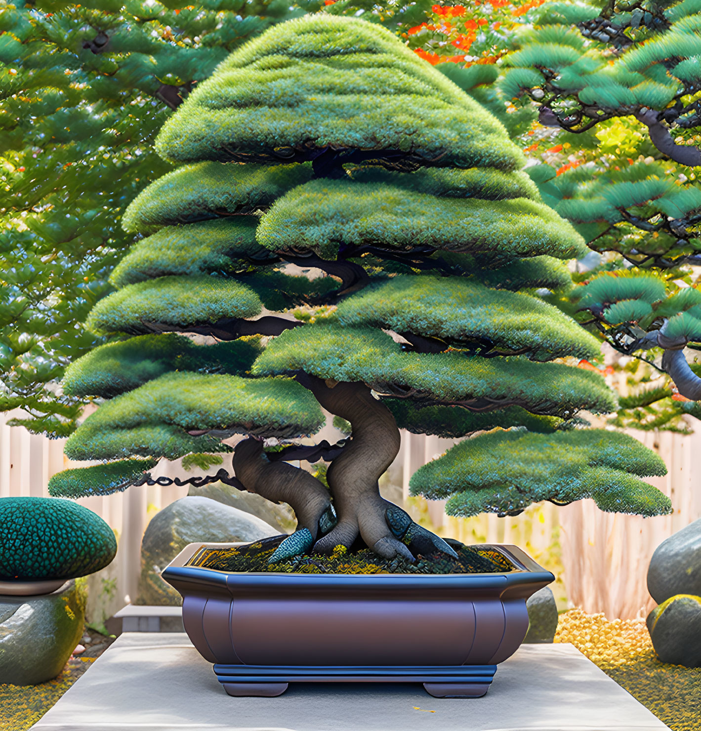 Miniature bonsai tree with tiered foliage in traditional pot amidst garden setting.