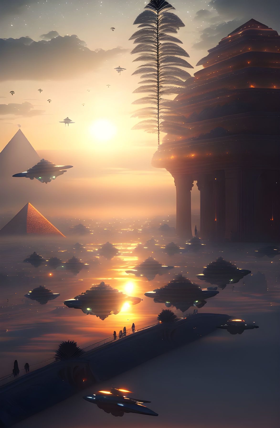 Futuristic desert landscape with pyramids, towering structure, and flying vehicles at sunset