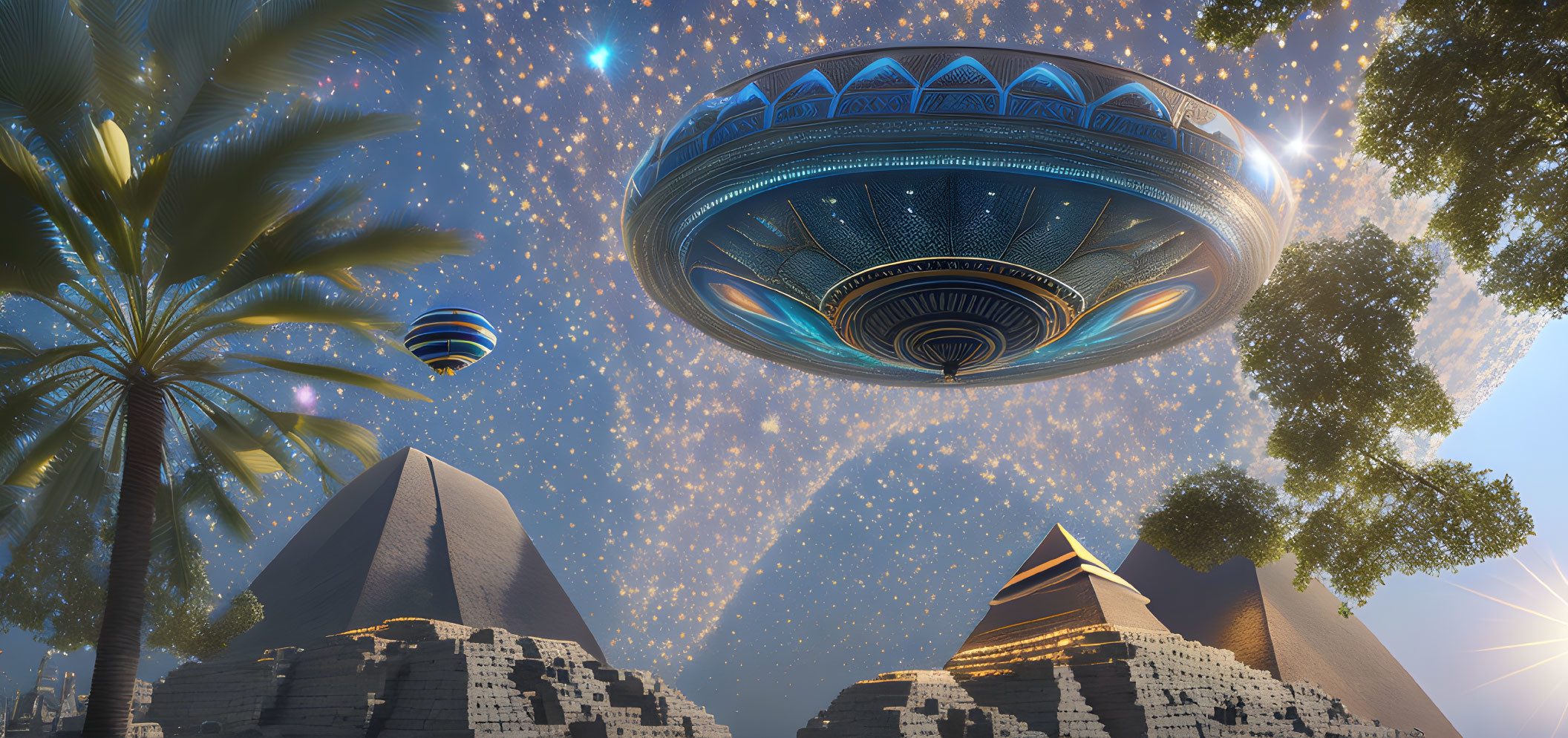 Intricately patterned UFO over Egyptian pyramids at night