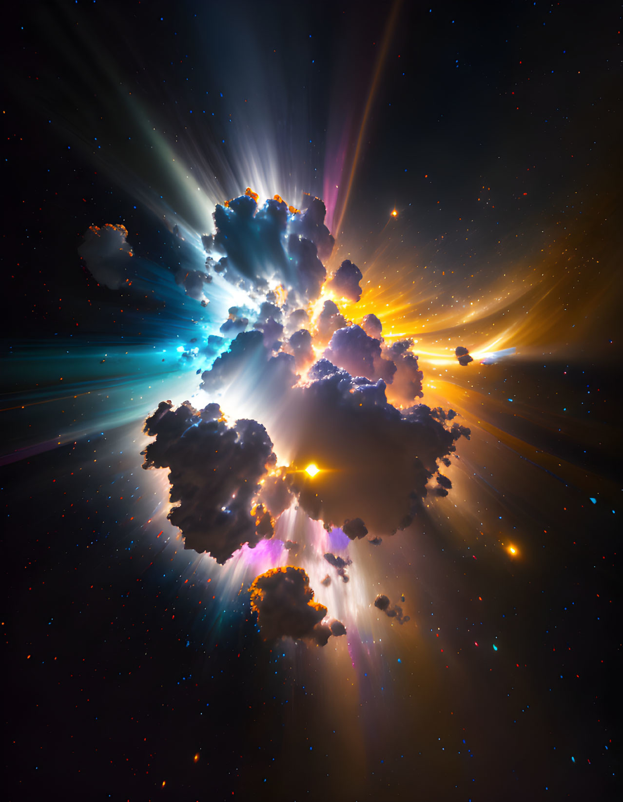 Colorful cosmic explosion surrounded by stars and clouds