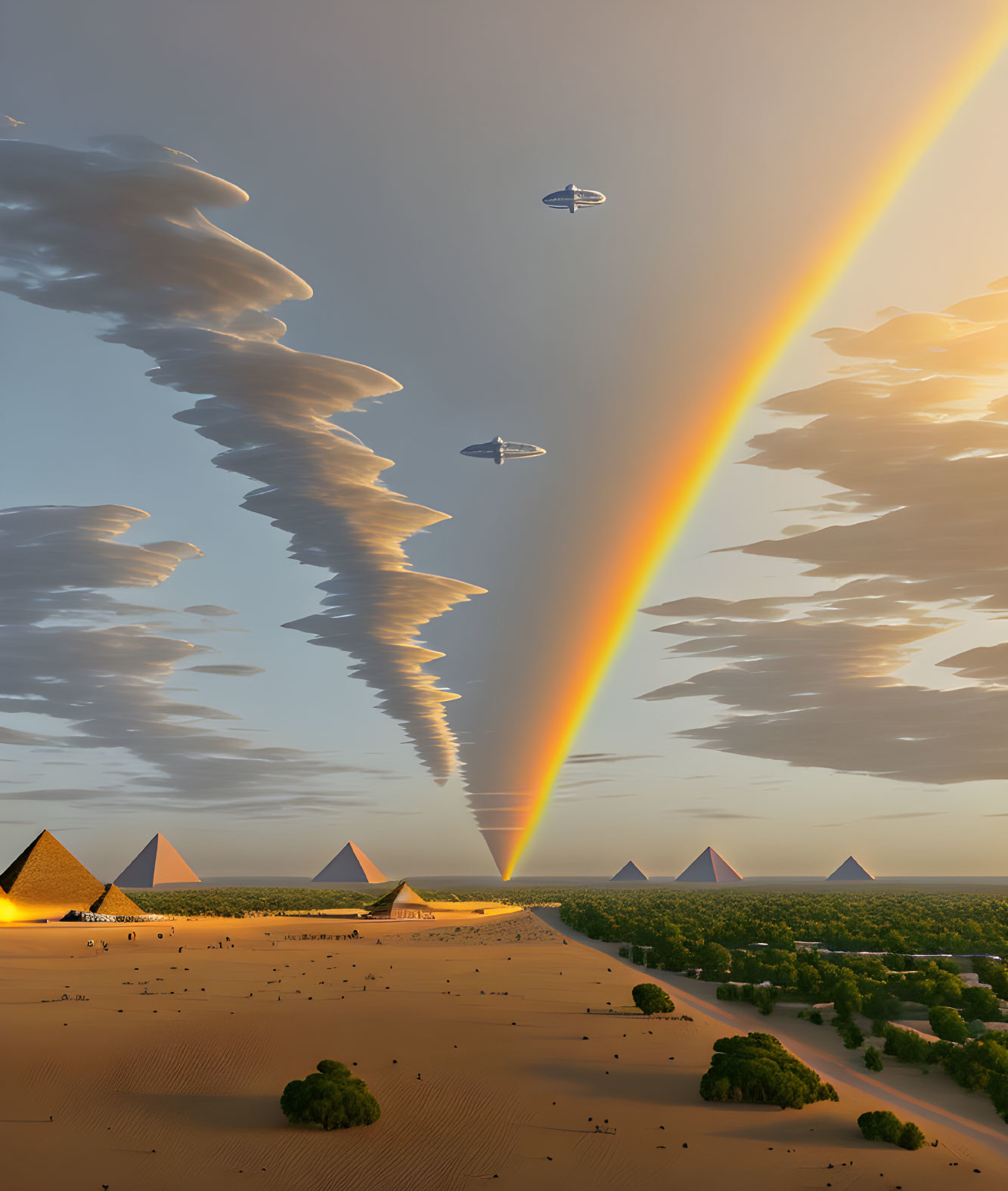 Colorful rainbow over desert pyramids with unique clouds and futuristic craft