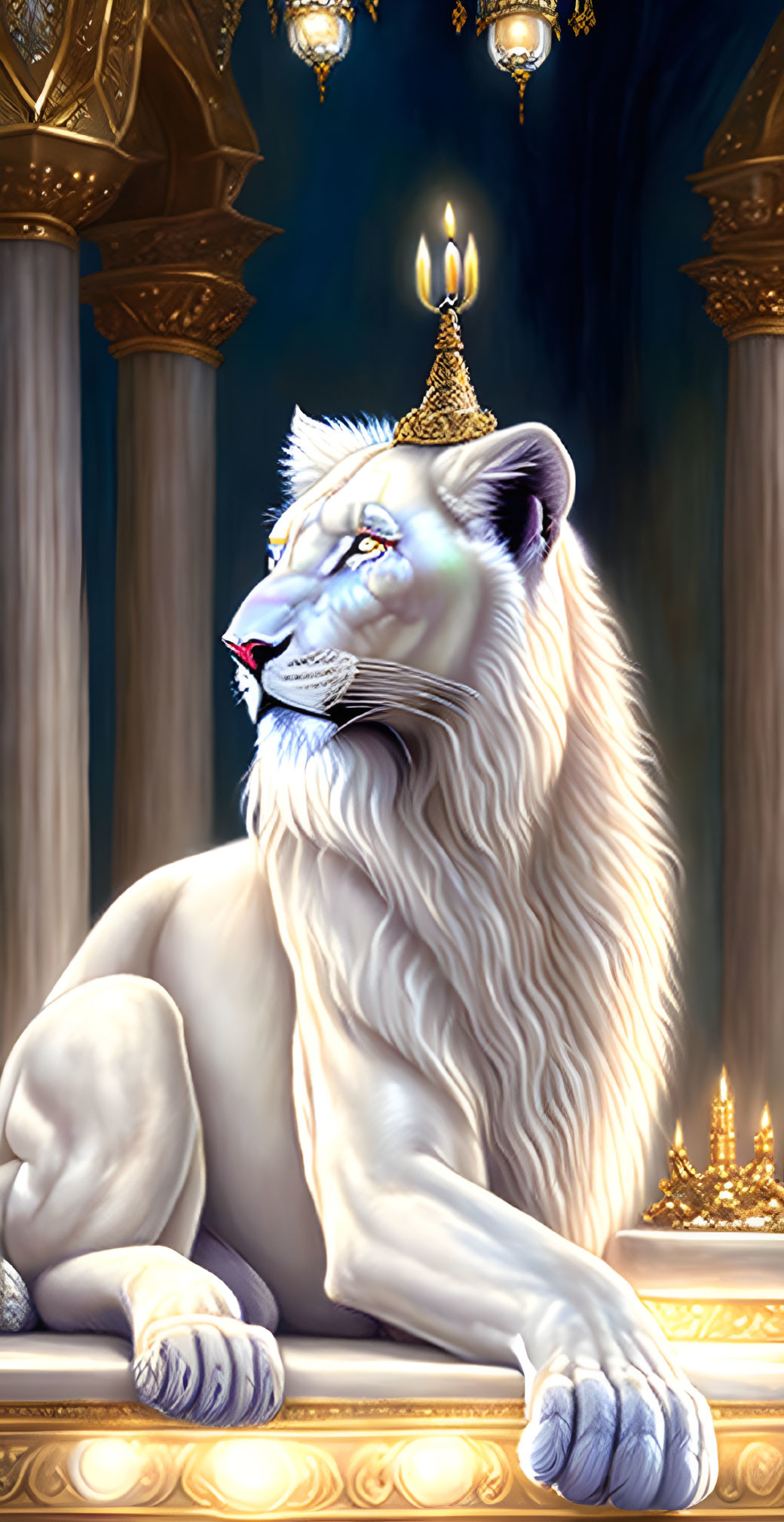 White lion resting in luxurious room with golden decor