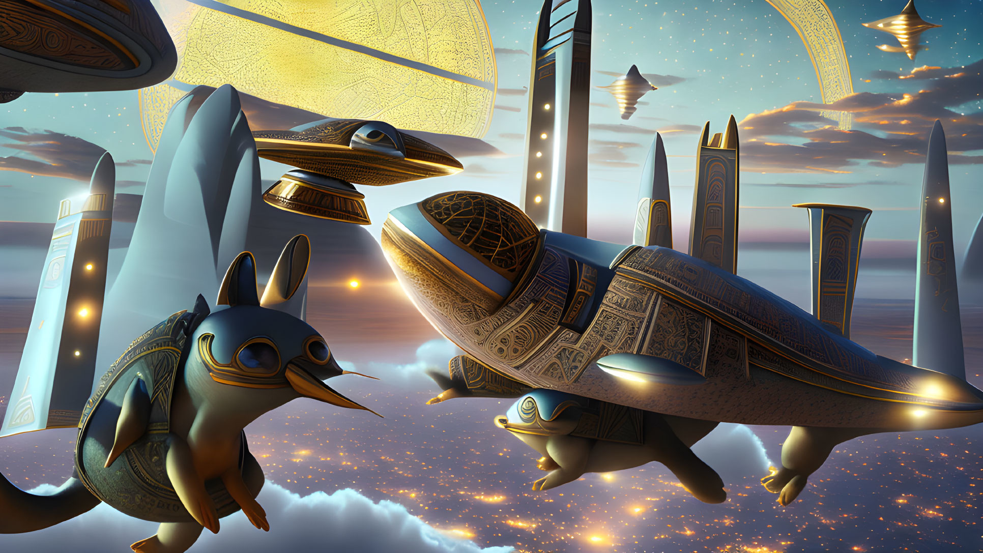 Digital artwork: Mechanical turtles soar by towering pillars under celestial body