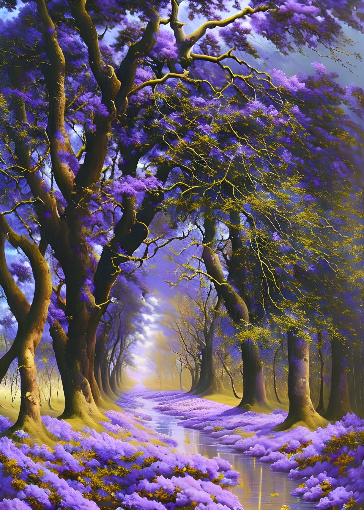 Enchanting forest pathway with purple trees and violet flowers