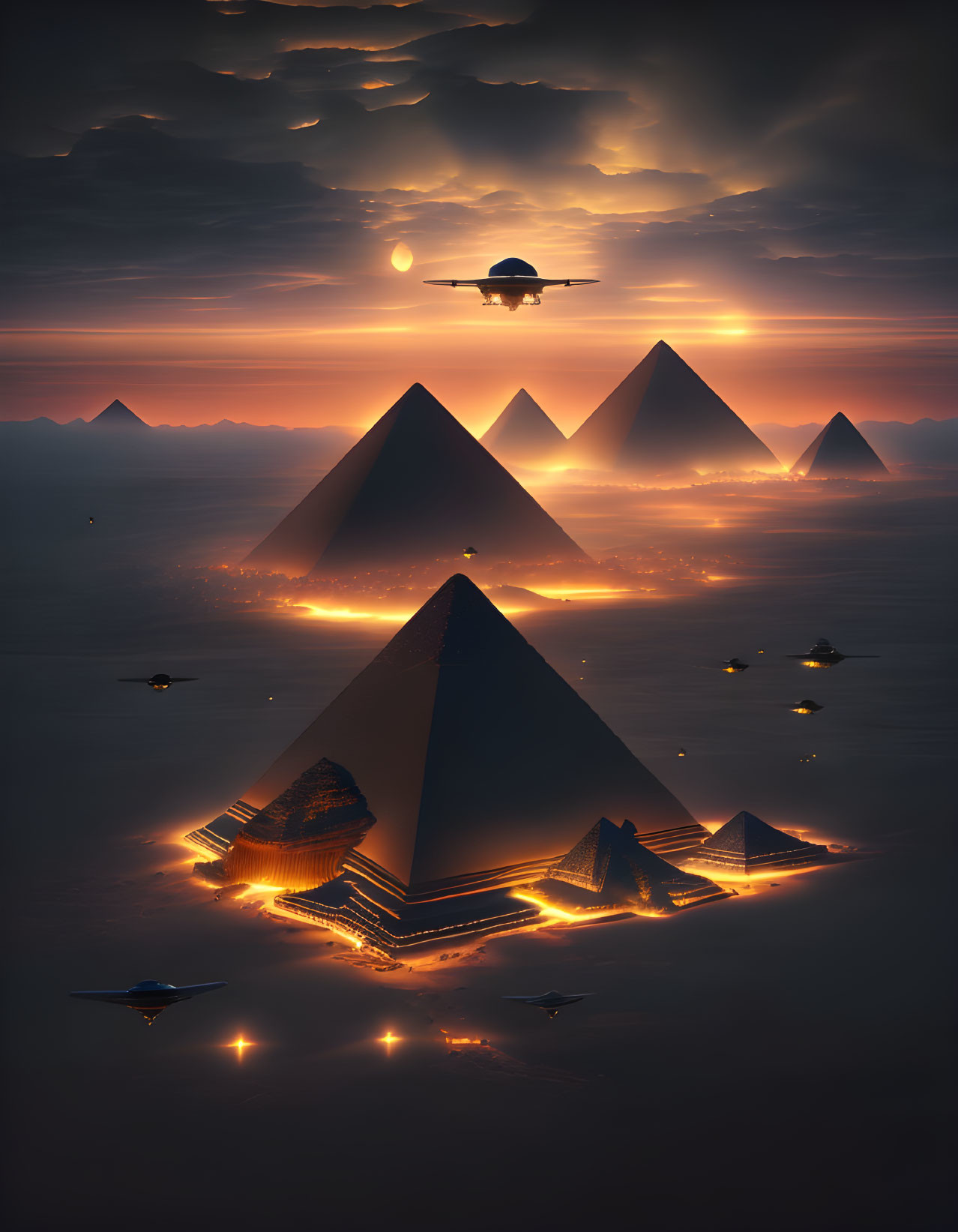 Illuminated Pyramids in Night Sky with Full Moon and Futuristic Aircraft