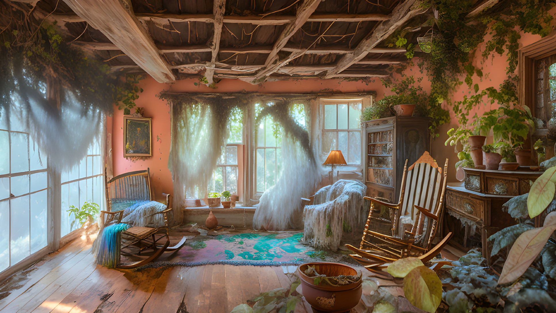 Sunlit cozy room with wooden beams, plants, rocking chairs, and bookshelf.