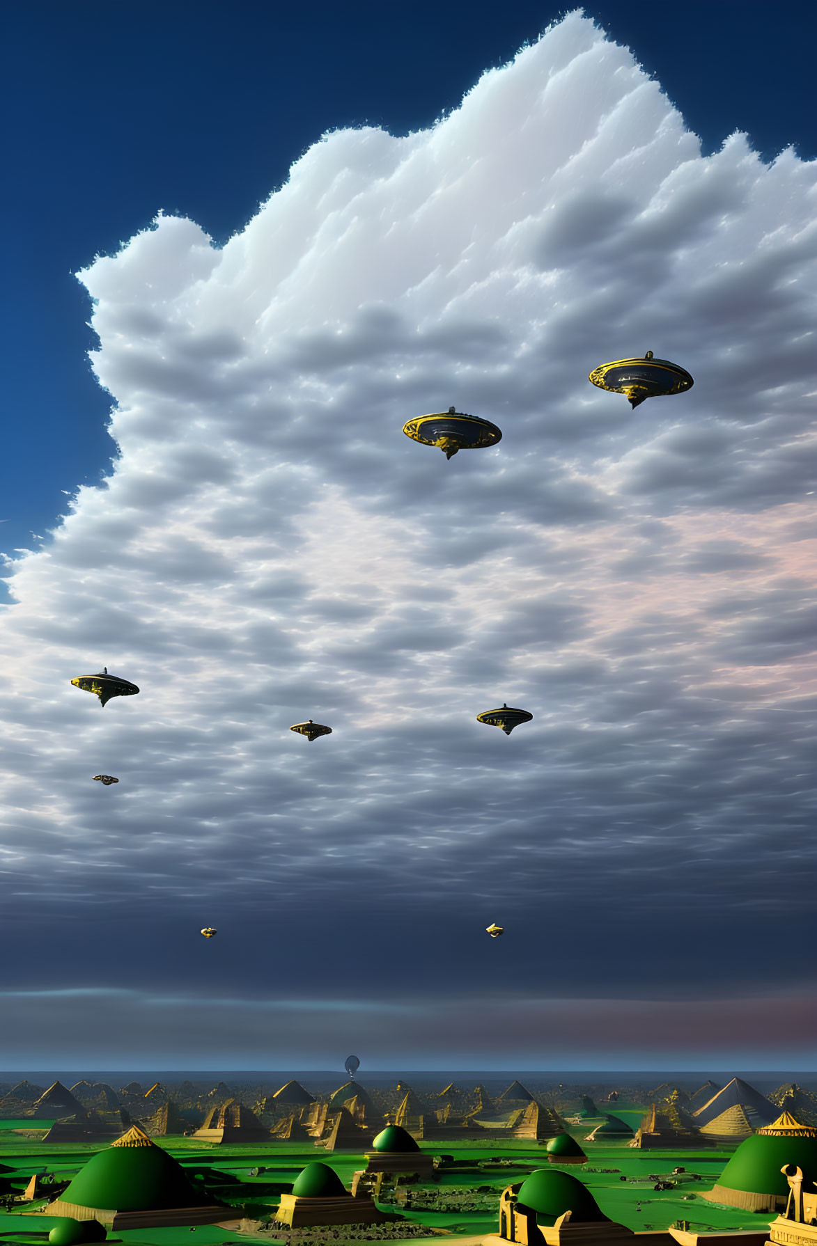 Futuristic landscape with green domed structures, pyramids, and flying saucers under a