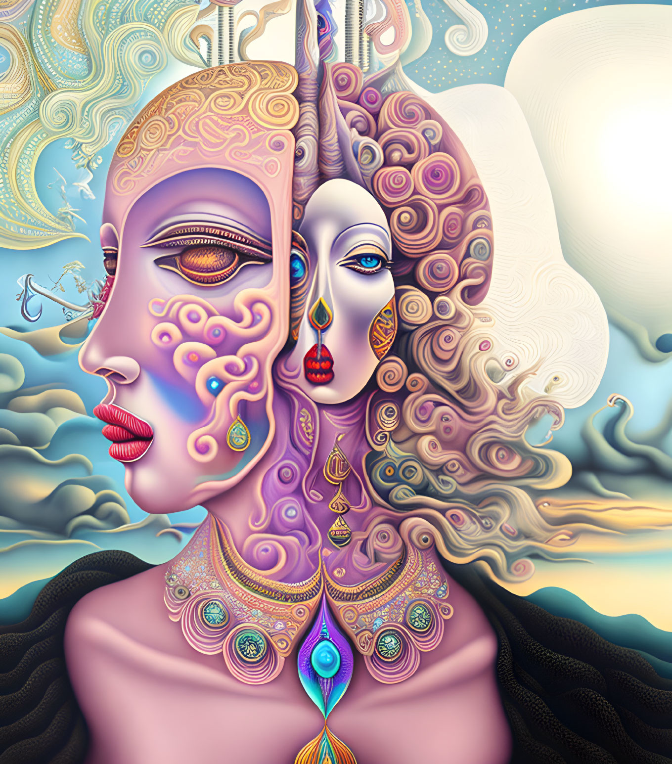 Surreal artwork: merging women's faces with gold jewelry on sky backdrop