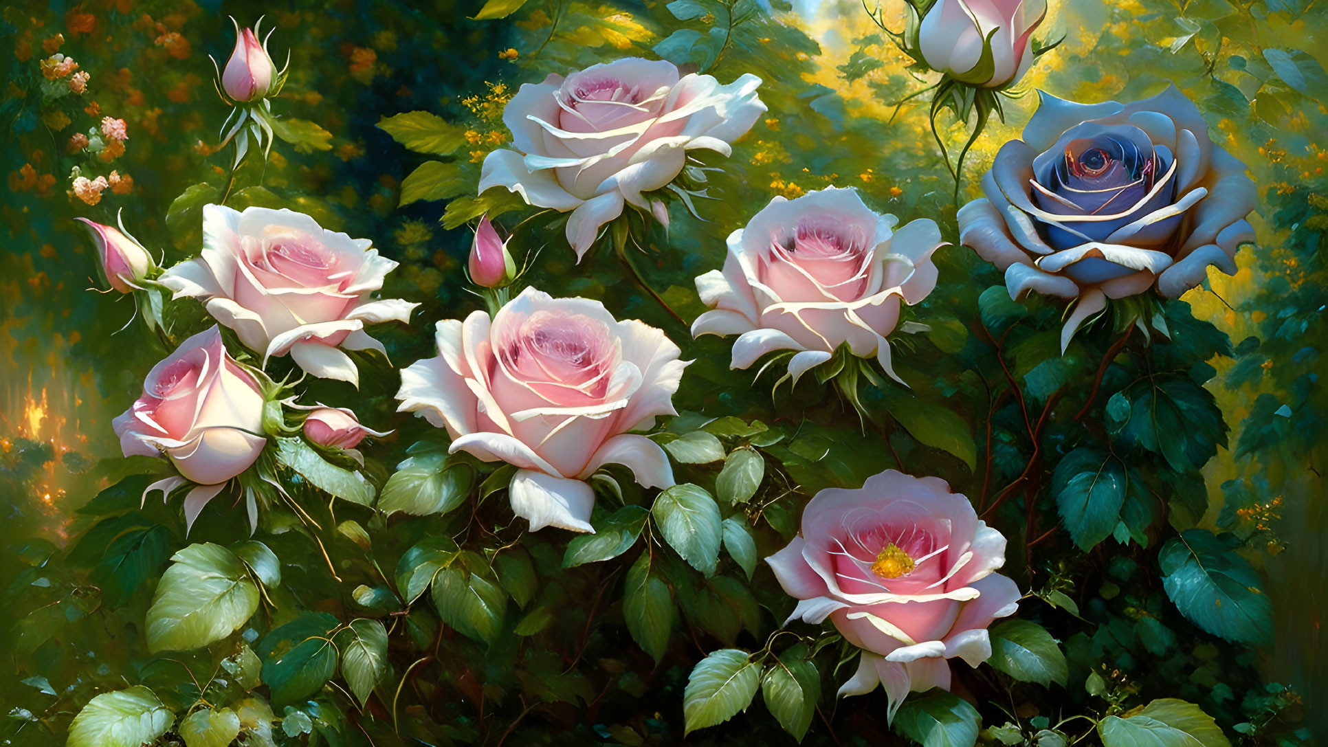 Colorful garden with pink and blue roses in dappled sunlight