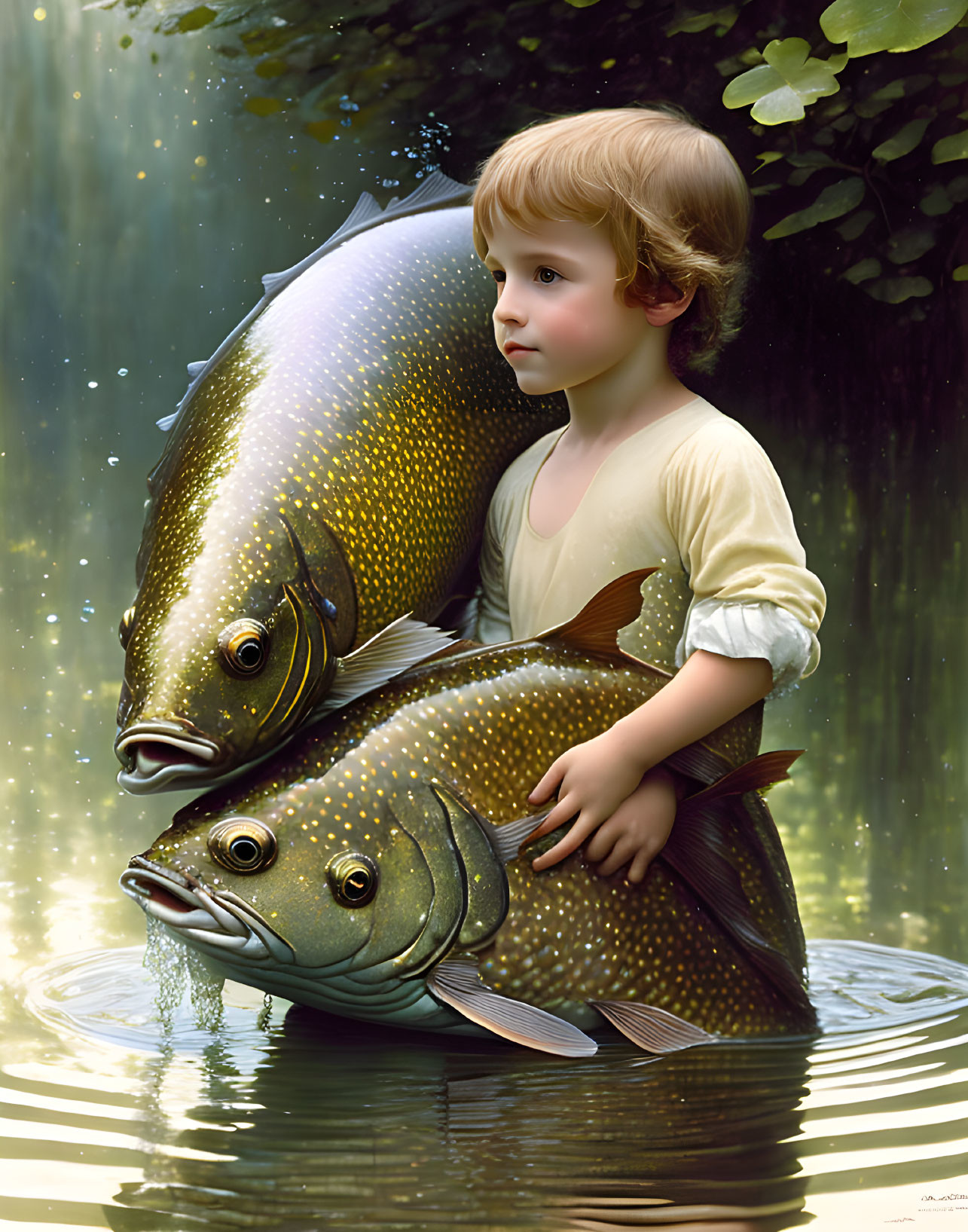 Child in vintage clothes embraces oversized fish in water with trees and light reflections