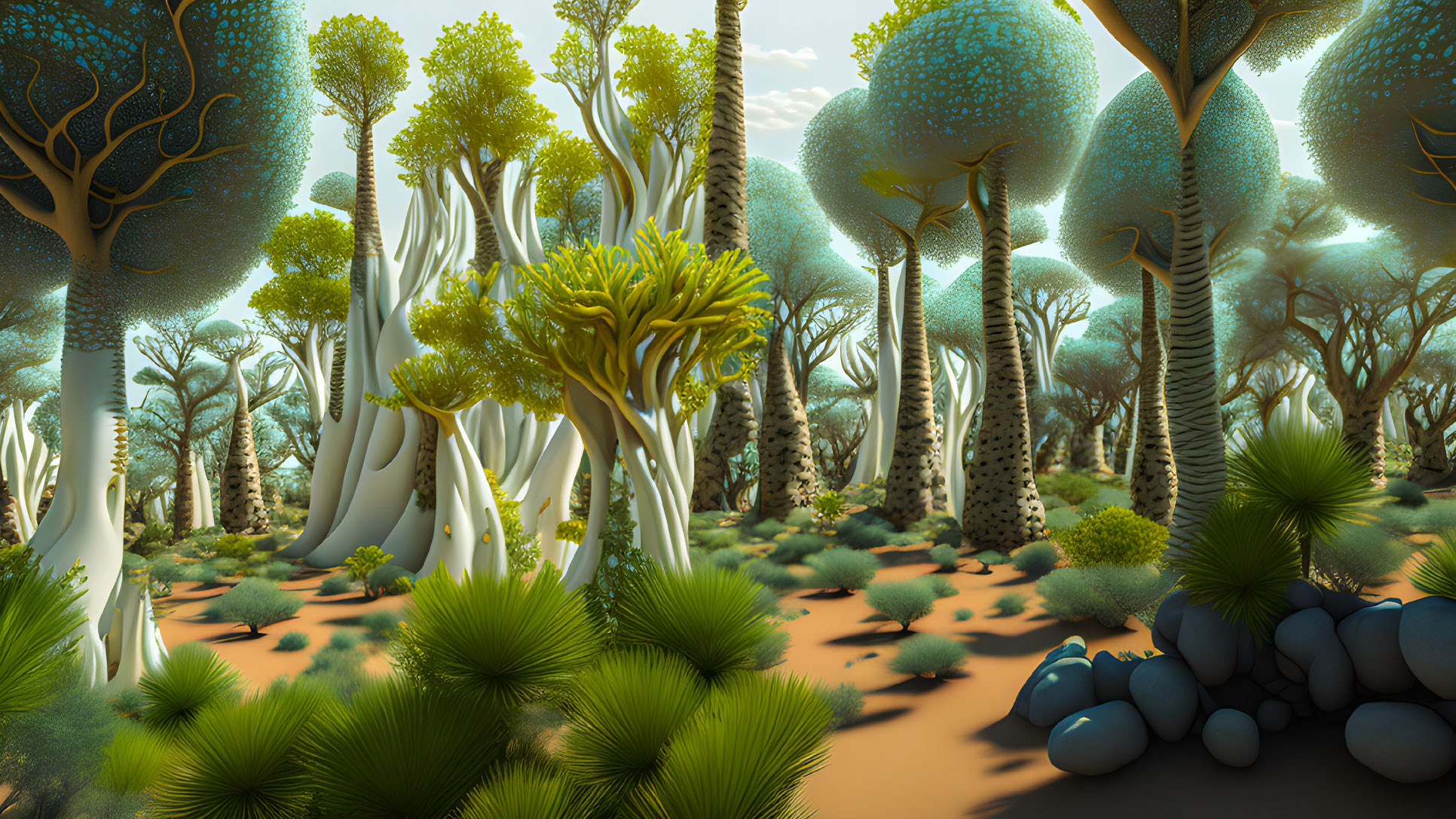 Colorful digital forest with oversized whimsical trees and blue spherical plants