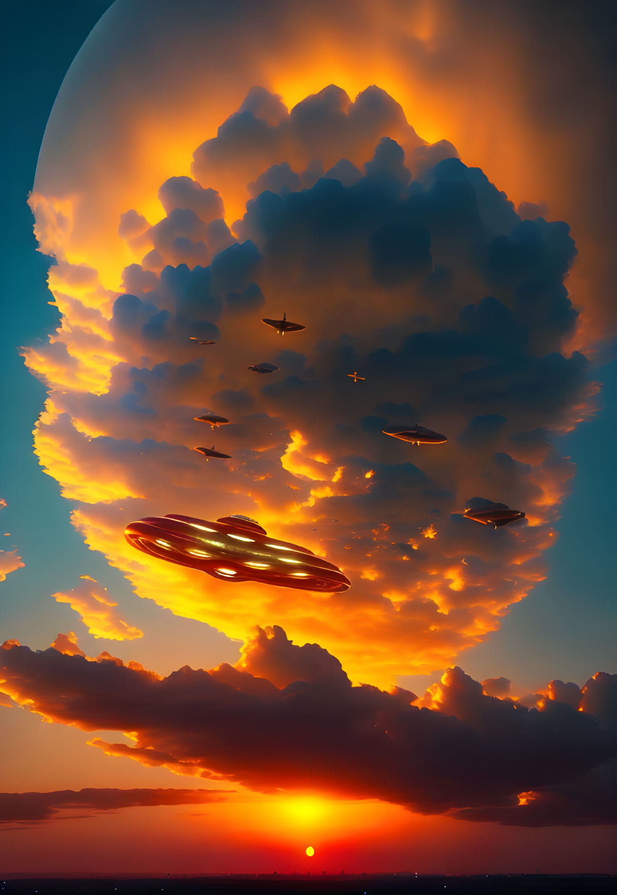 Dramatic sunset with imposing clouds and UFO fleet in fiery sky