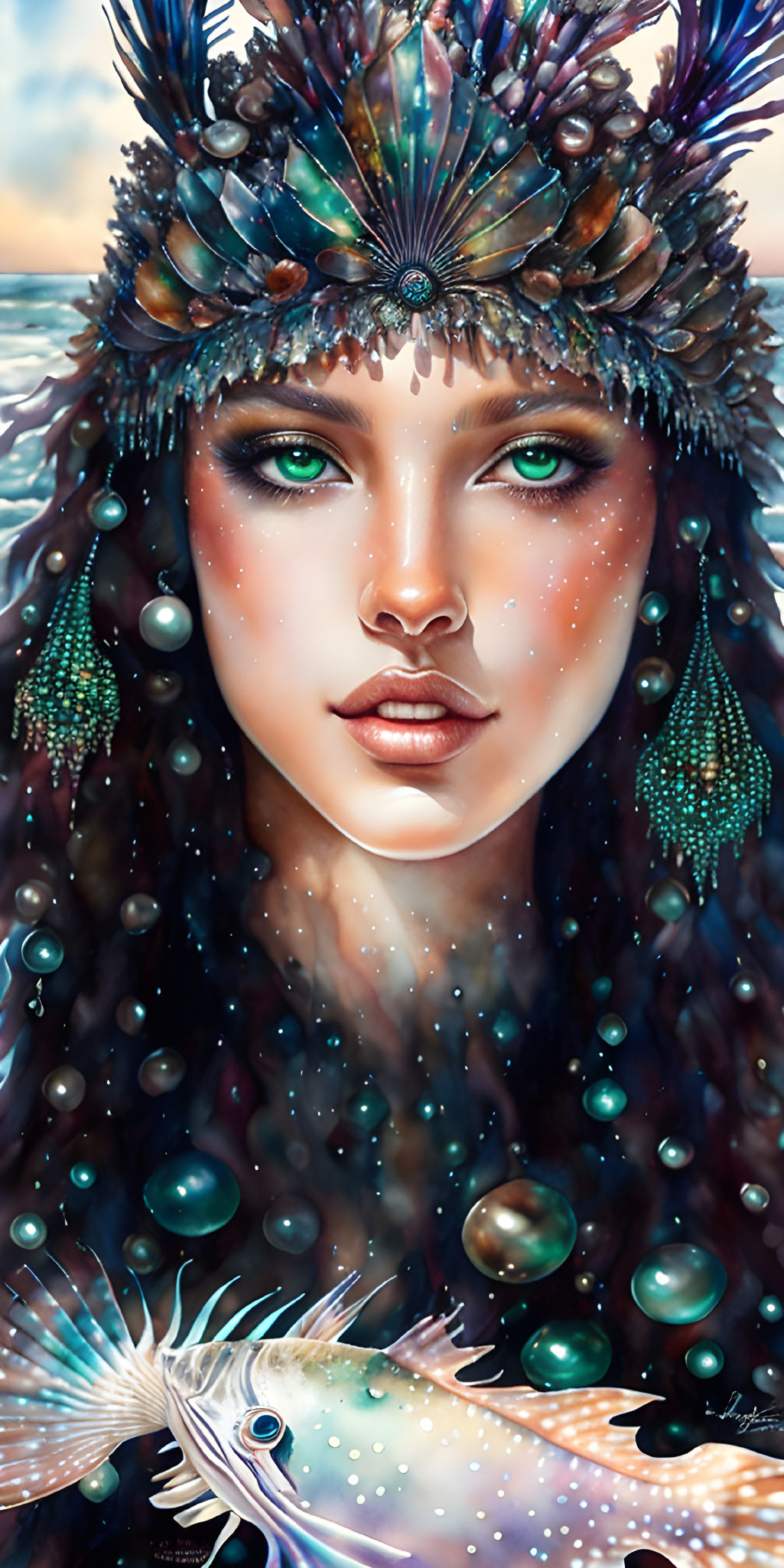 Digital artwork: Woman with headdress, freckles, green eyes, bubbles, and fish in