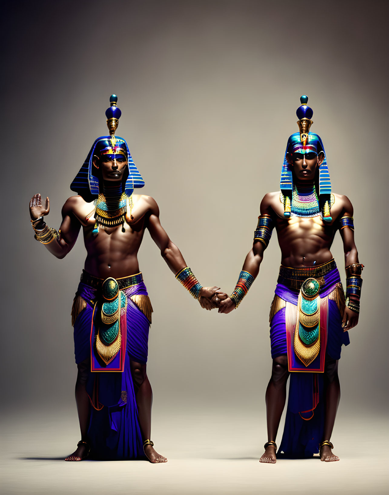 Ancient Egyptian attire: Two individuals in ornate clothing holding hands