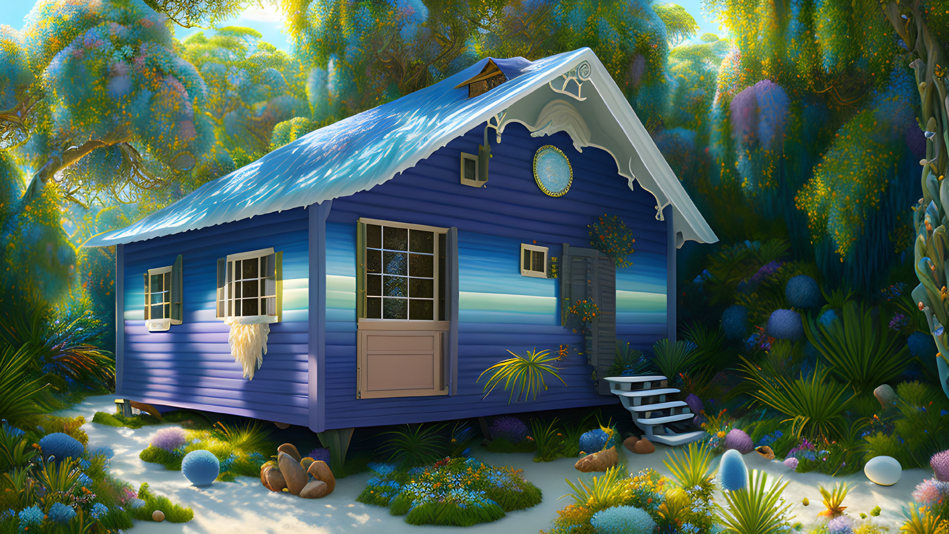 Blue Cottage in Vibrant Forest with Starry Sky