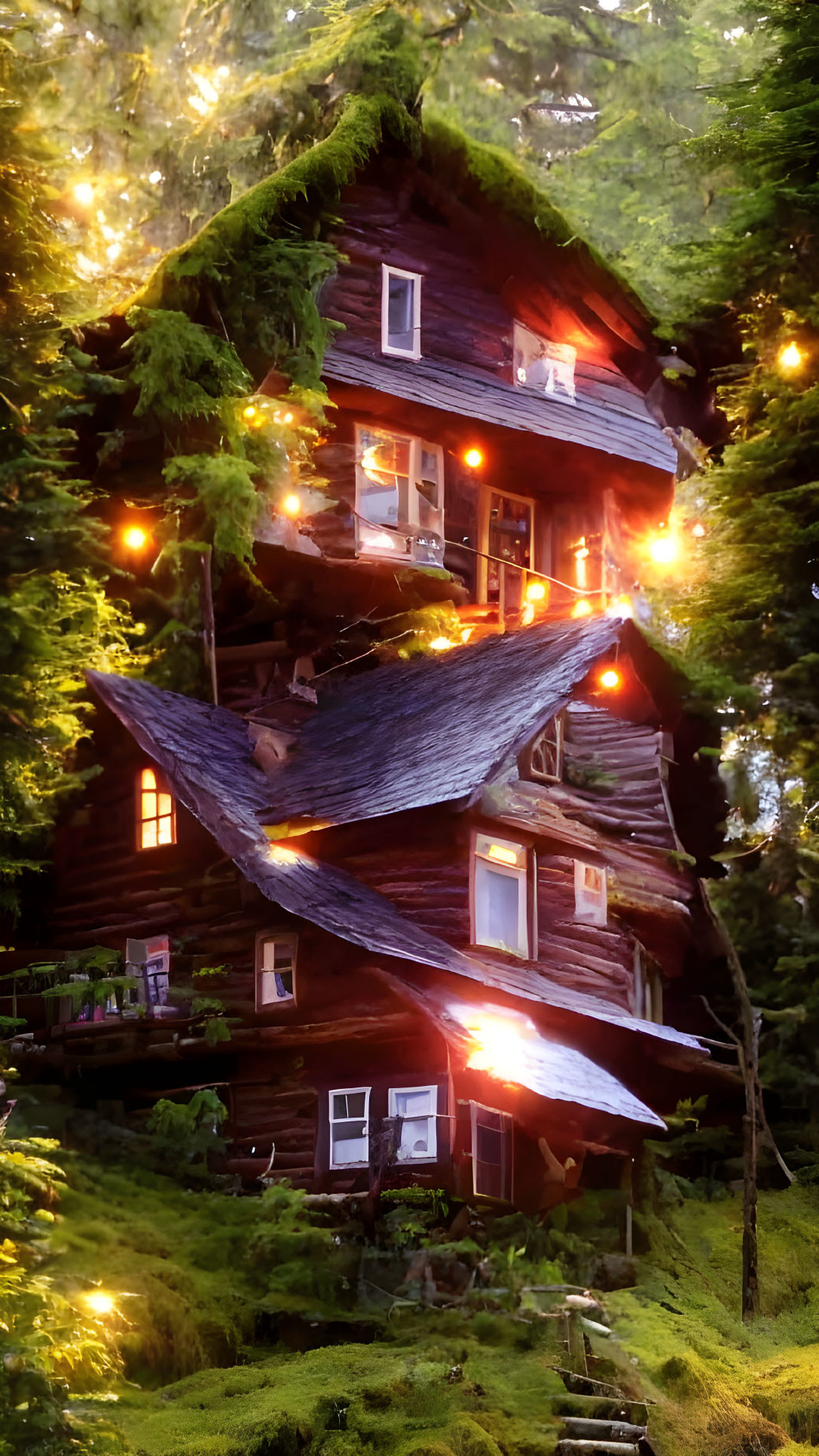 Glowing lights adorn whimsical multi-story treehouse in forest