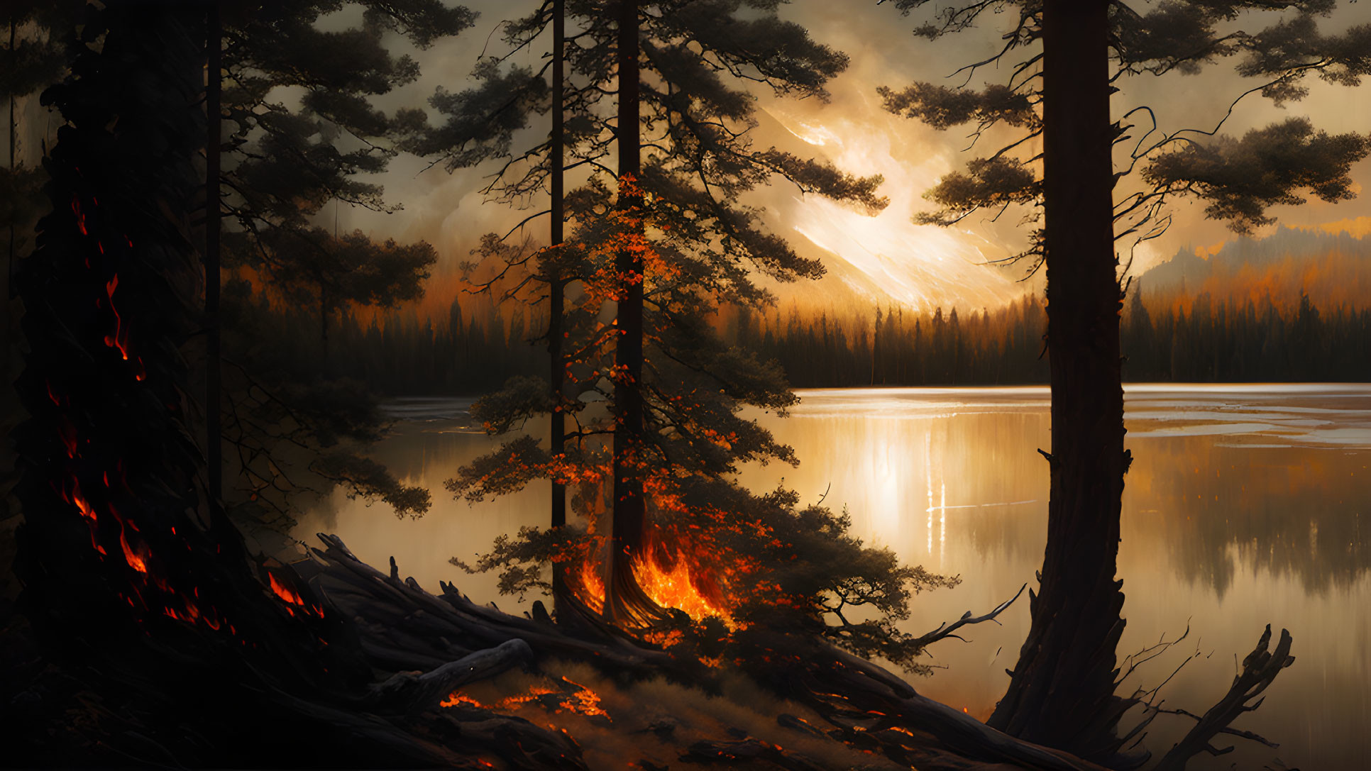 Sunset over serene lake with glowing light through burning forest trees