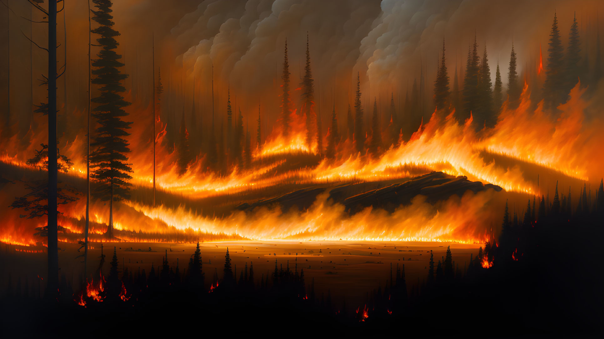 Massive Forest Fire Engulfs Trees in Ominous Orange Sky