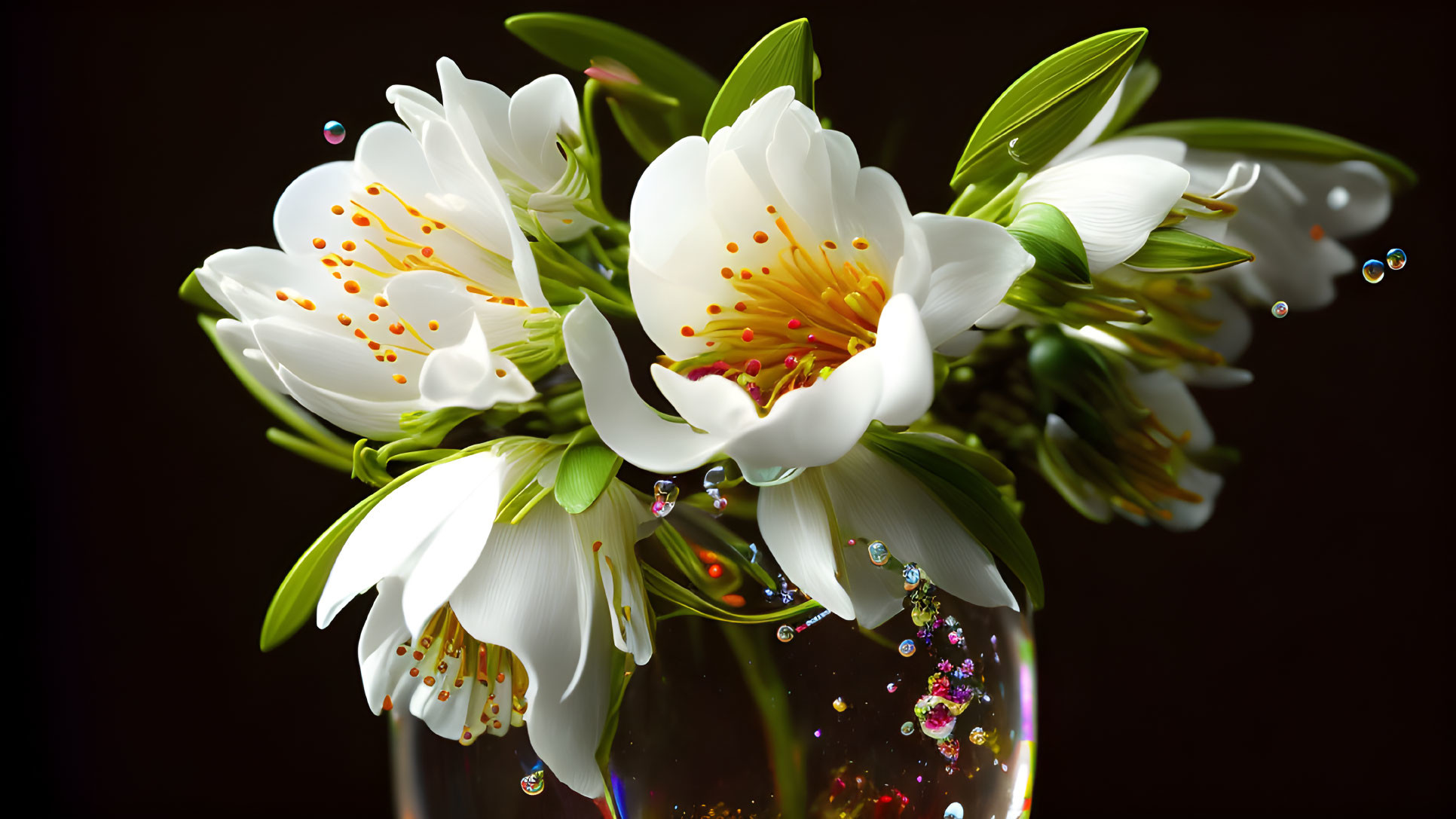 White Flowers with Yellow Stamens in Glass Vase on Dark Background