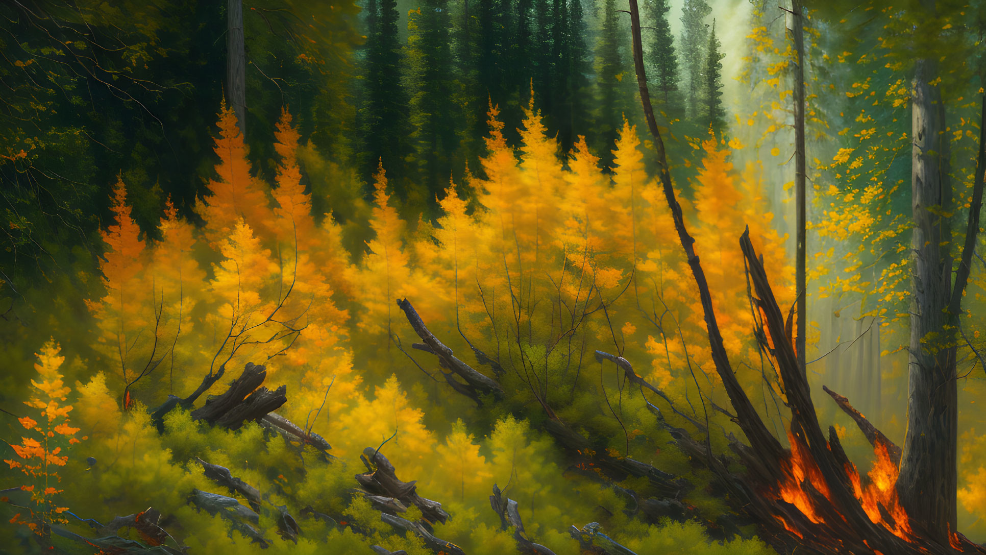 Vibrant autumn forest with yellow and orange foliage, sunlight, and fallen log