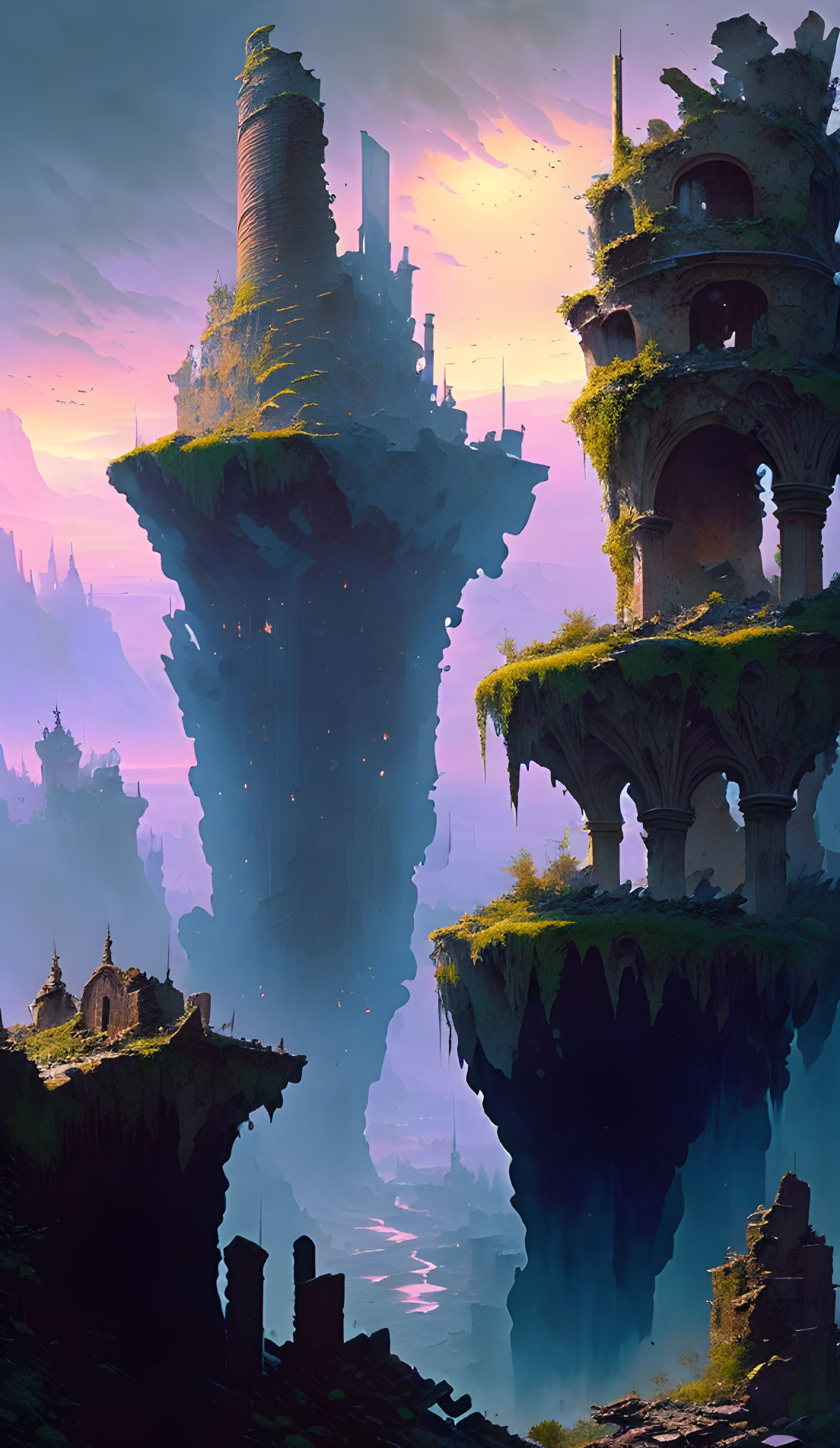 Fantastical landscape with floating islands, ancient ruins, and lush greenery