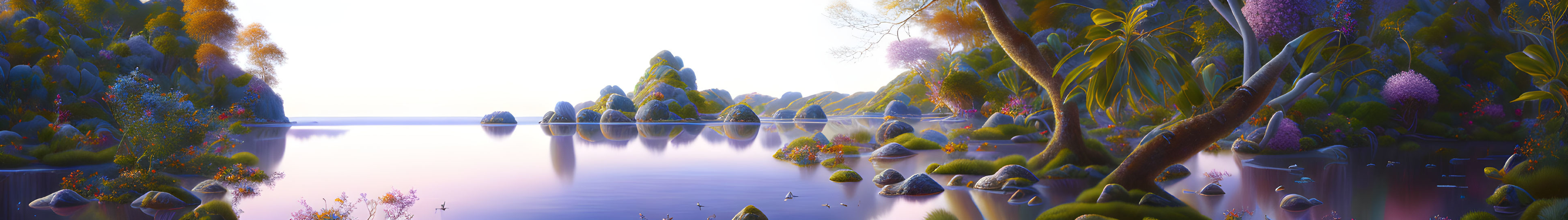 Serene lake with vibrant vegetation and rocks under pastel sky