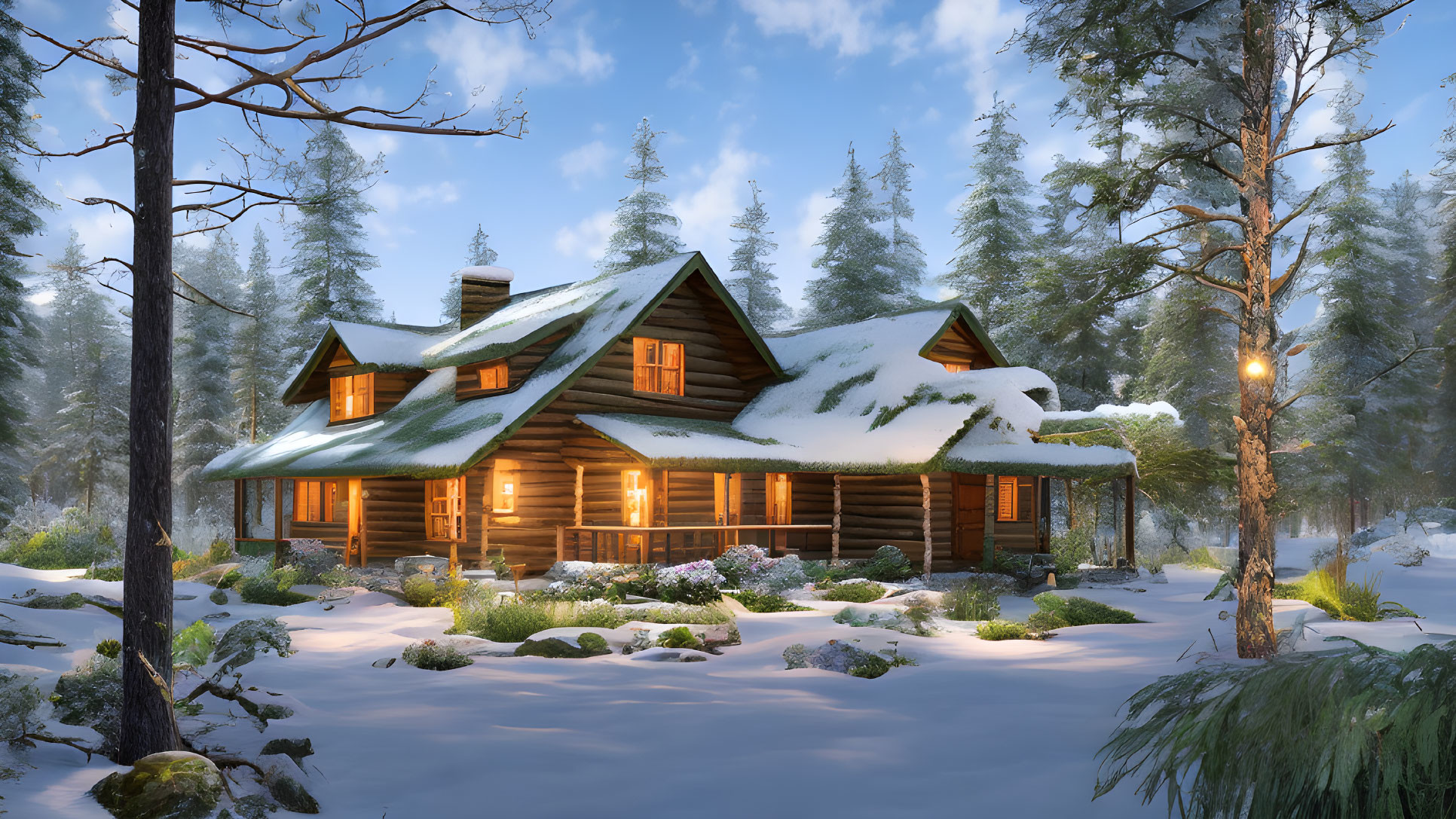 Snowy forest clearing: Cozy log cabin, warm lights, snow-covered trees