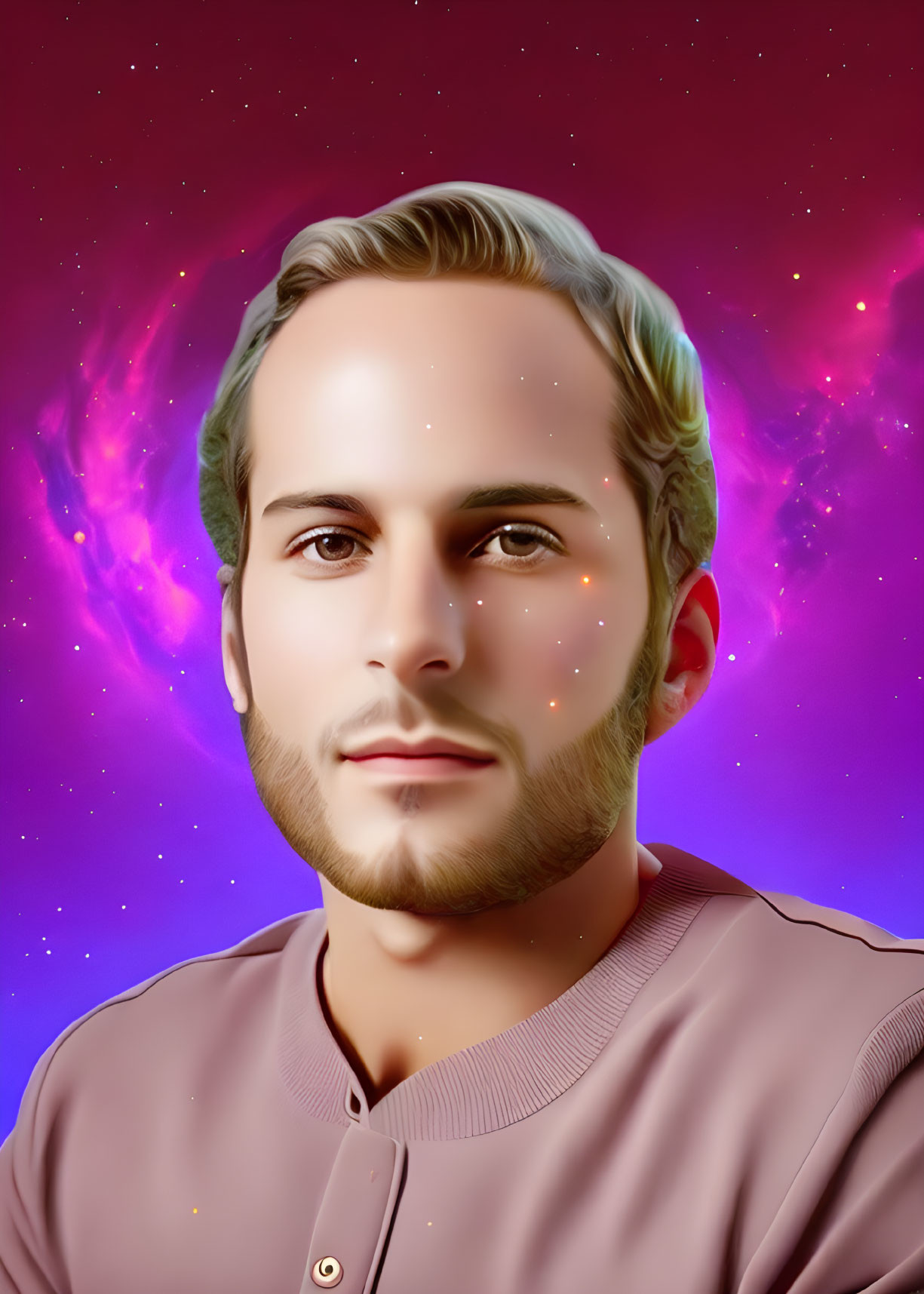 Man's portrait with short hair and stubble on cosmic background with pink and purple nebula