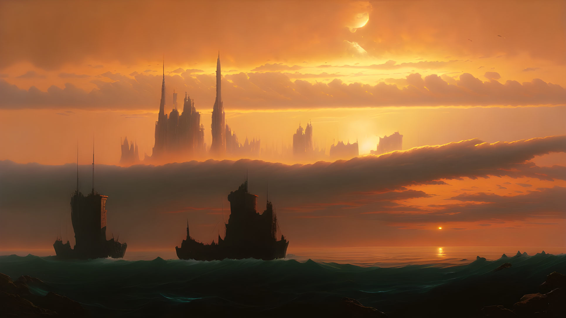 Fantastical ocean sunset with silhouetted ships and cityscape