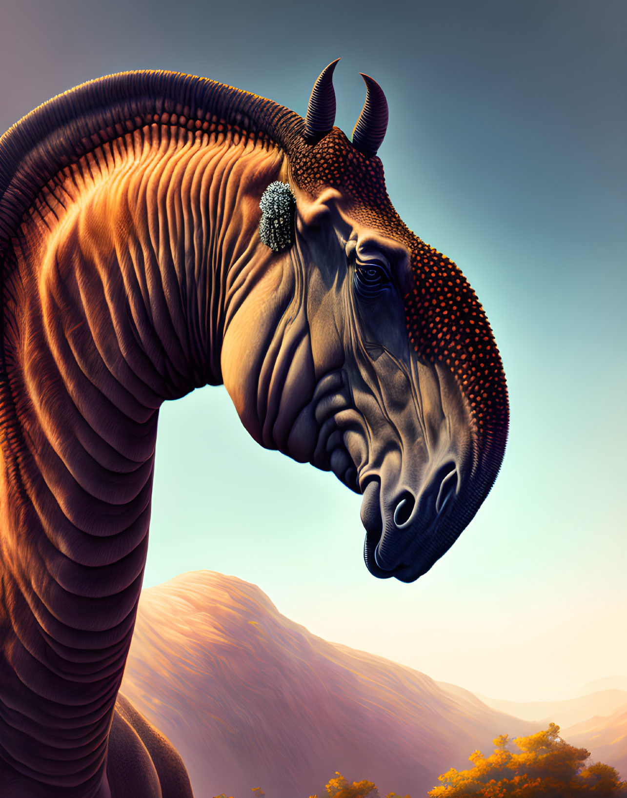 Fantastical creature with horse-like head and horns in desert twilight