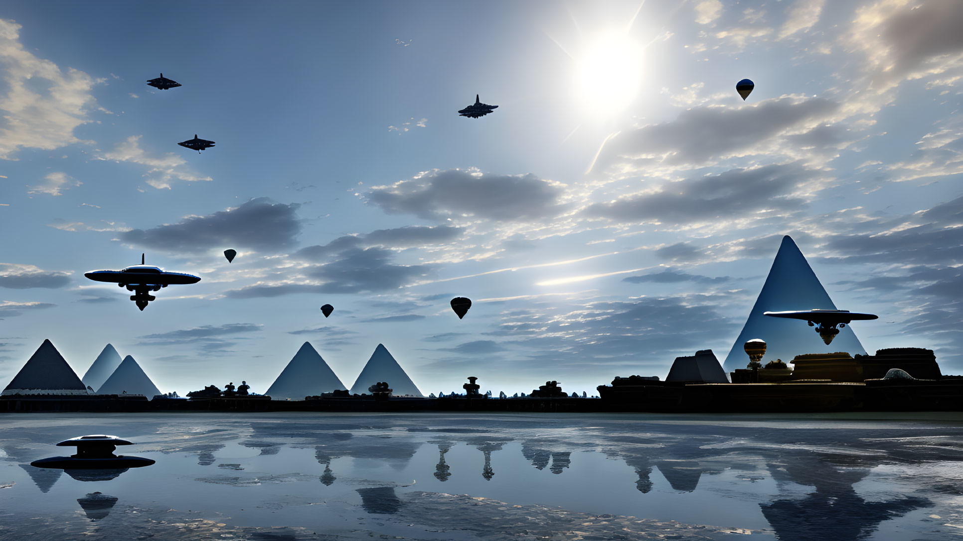 Futuristic cityscape with pyramidal structures and flying vehicles in cloudy sky.