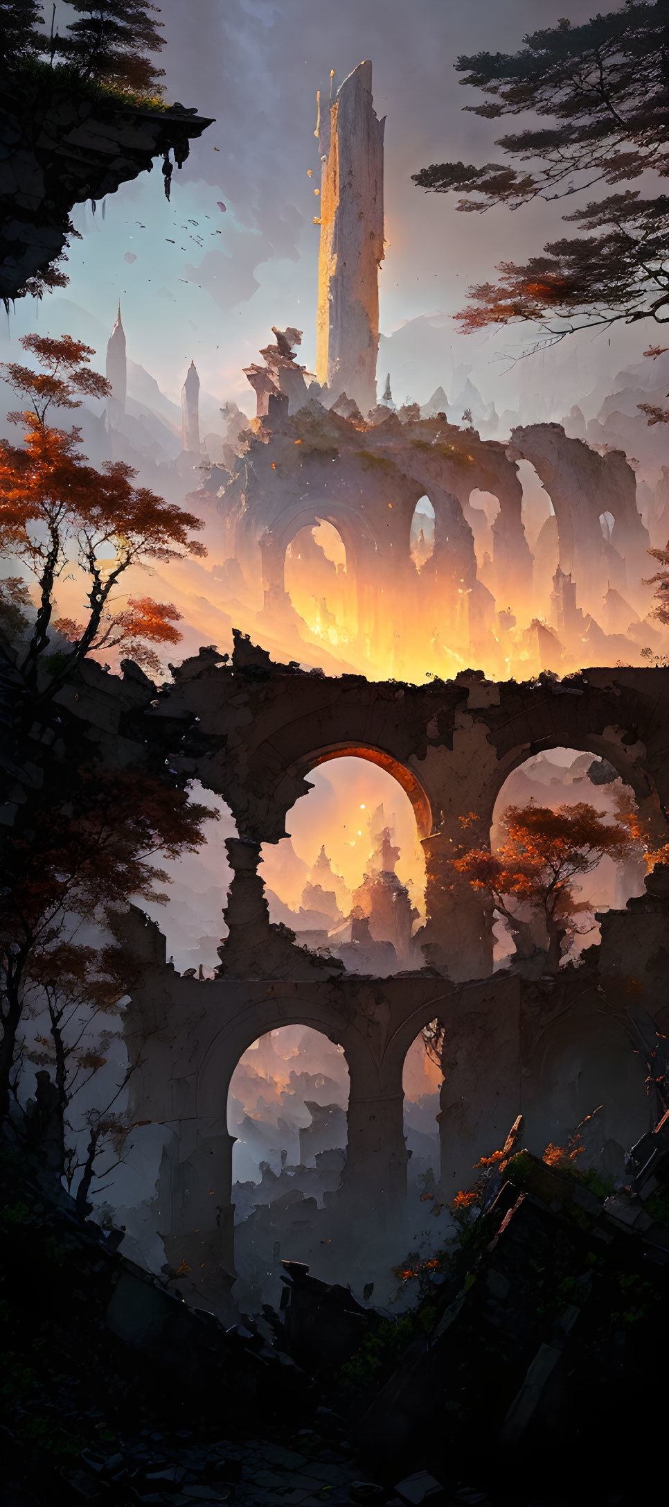 Mysterious fantasy landscape with towering ruins, arches, and glowing spire amid autumnal trees