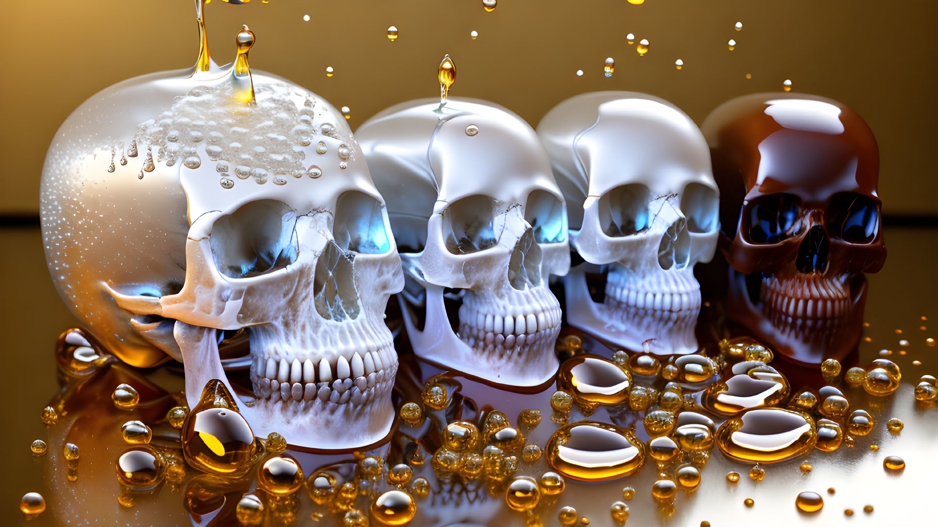 Skulls and golden liquid droplets on reflective surface