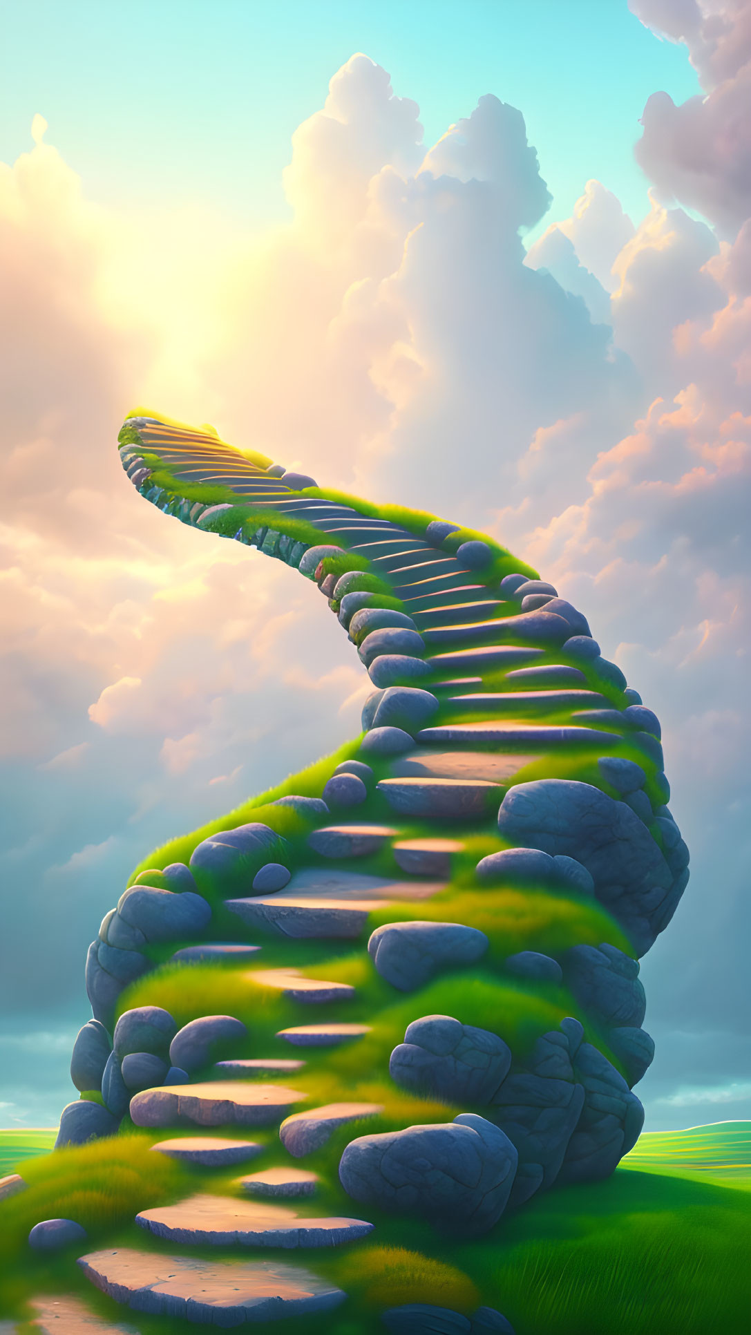 Spiraling stone staircase in clouds at sunset with moss-covered steps