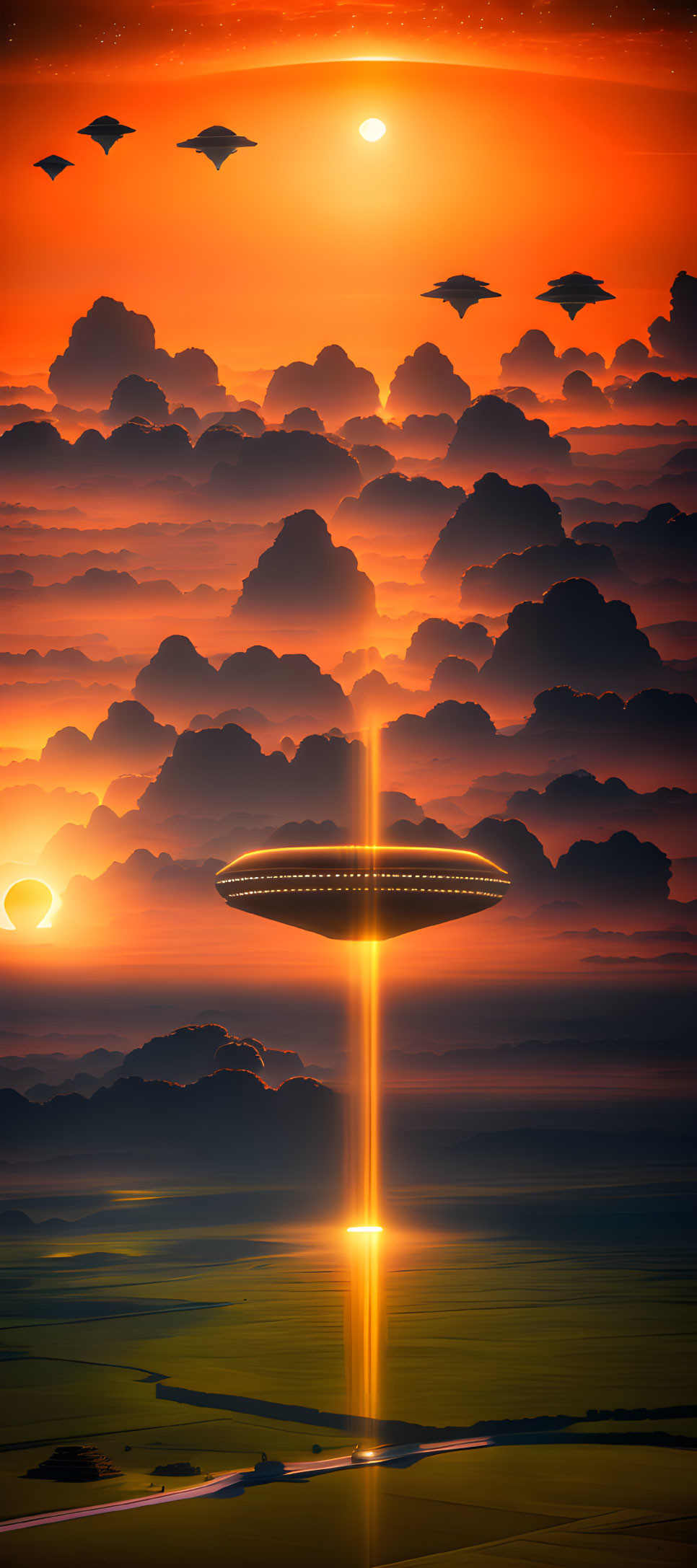 Majestic UFO in sunset sky beaming light on green landscape