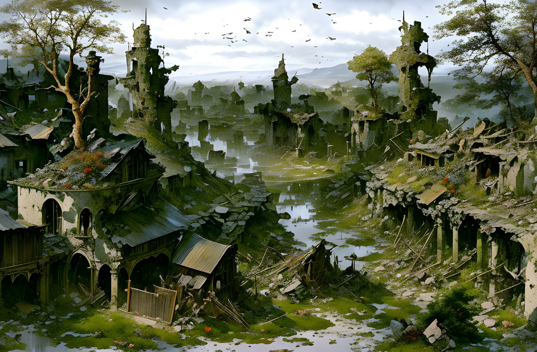 Tranquil digital artwork of overgrown ruinscape