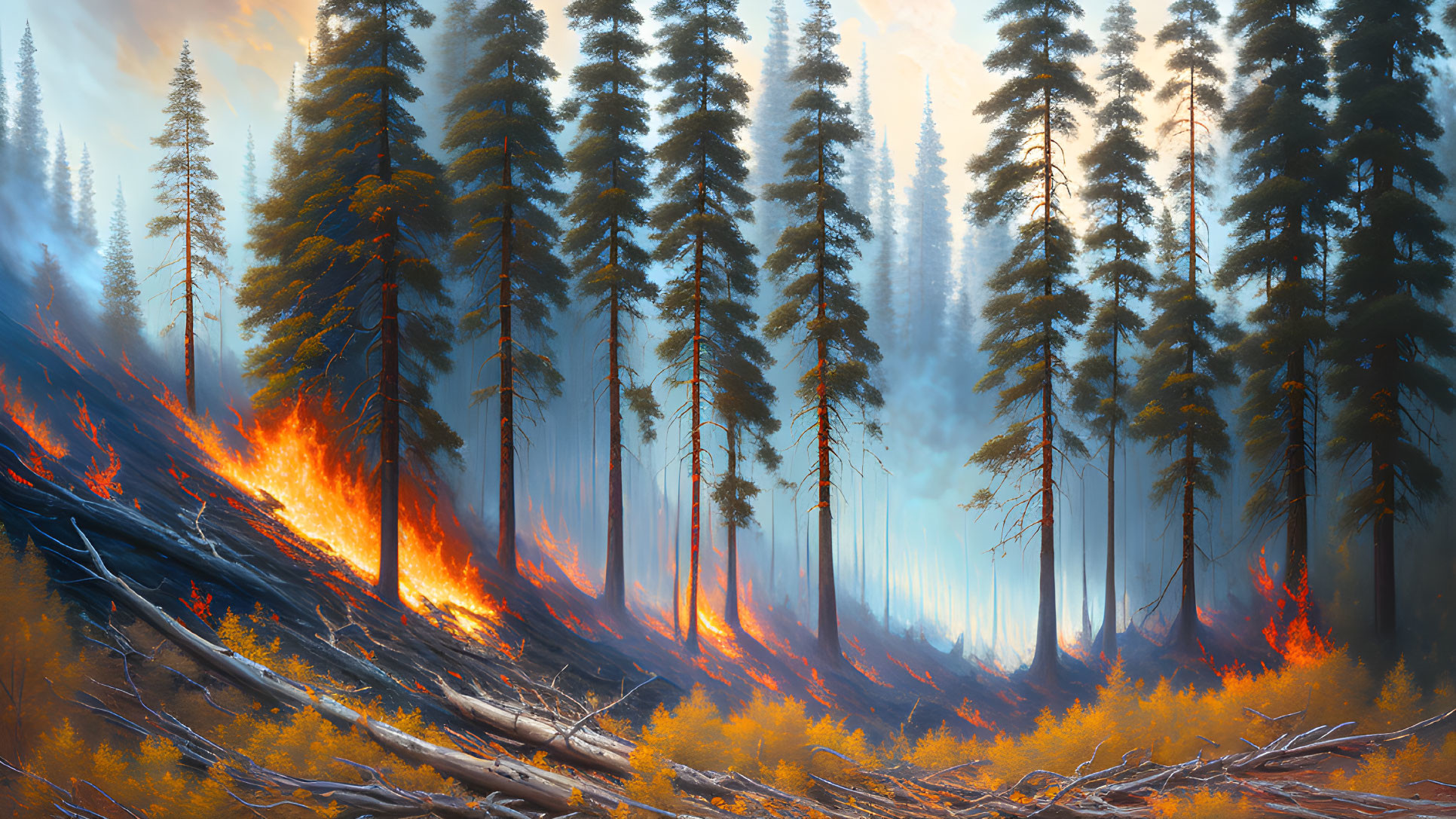 Digital artwork of forest fire with tall trees and flames in misty woodland