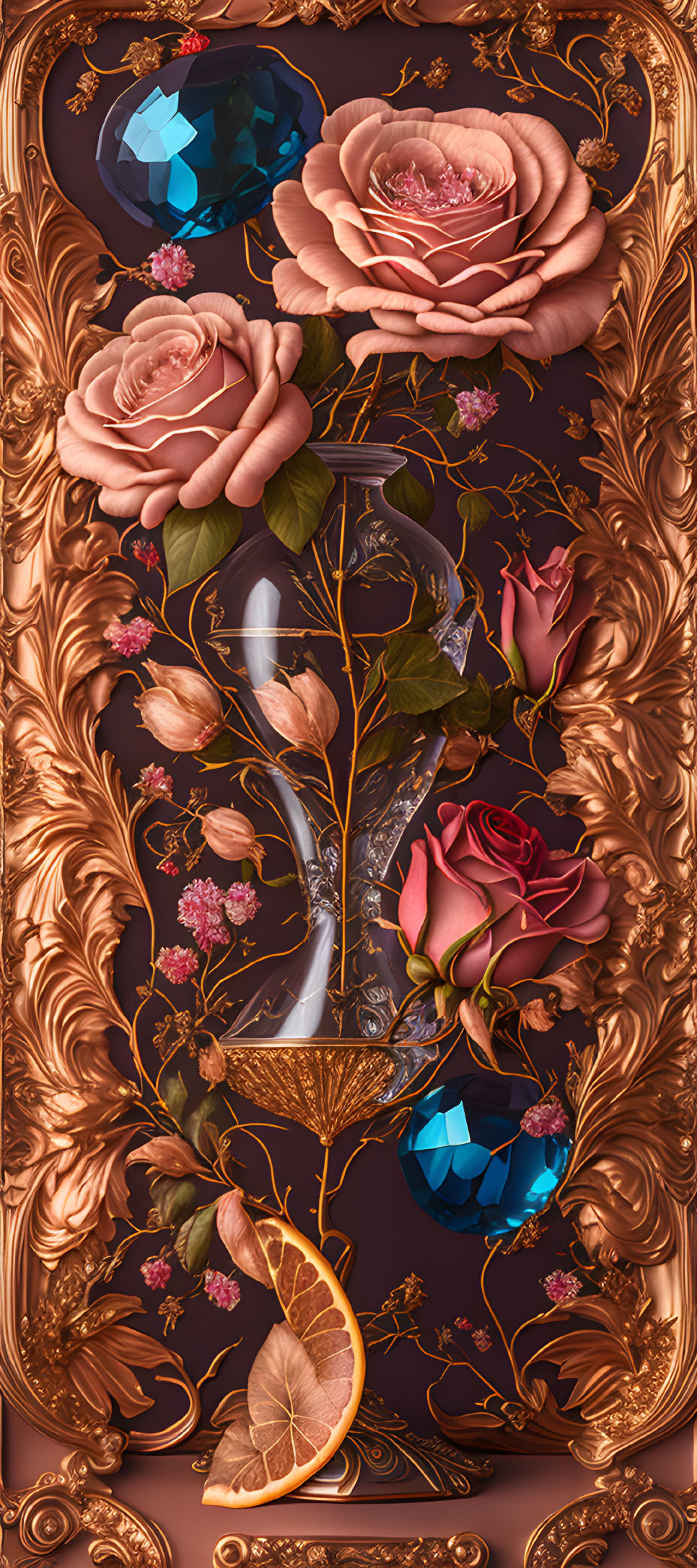 Golden Frame with Roses, Gemstones, and Botanical Elements on Dark Background