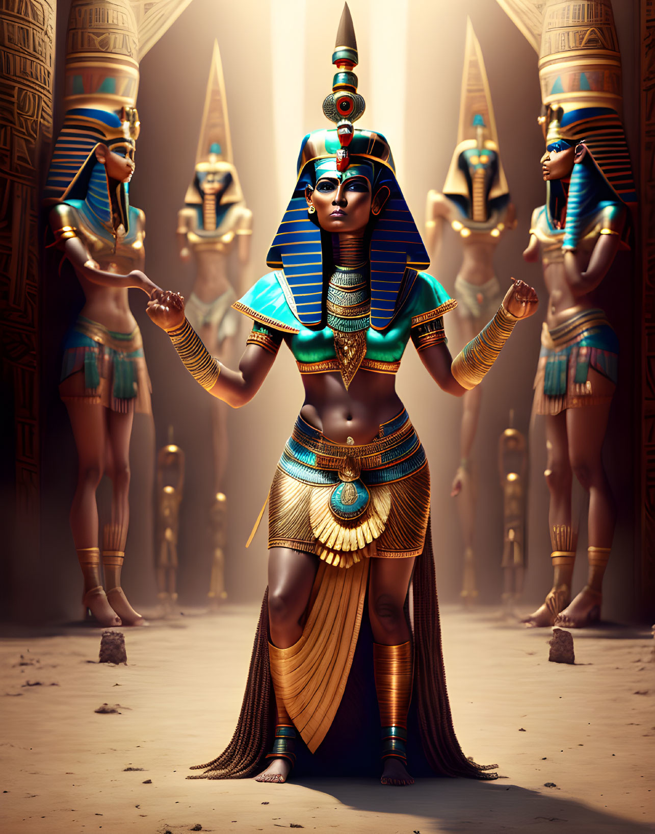 Ancient Egyptian royal attire with headdress, jewelry, and scepter amidst hieroglyph-covered pillars