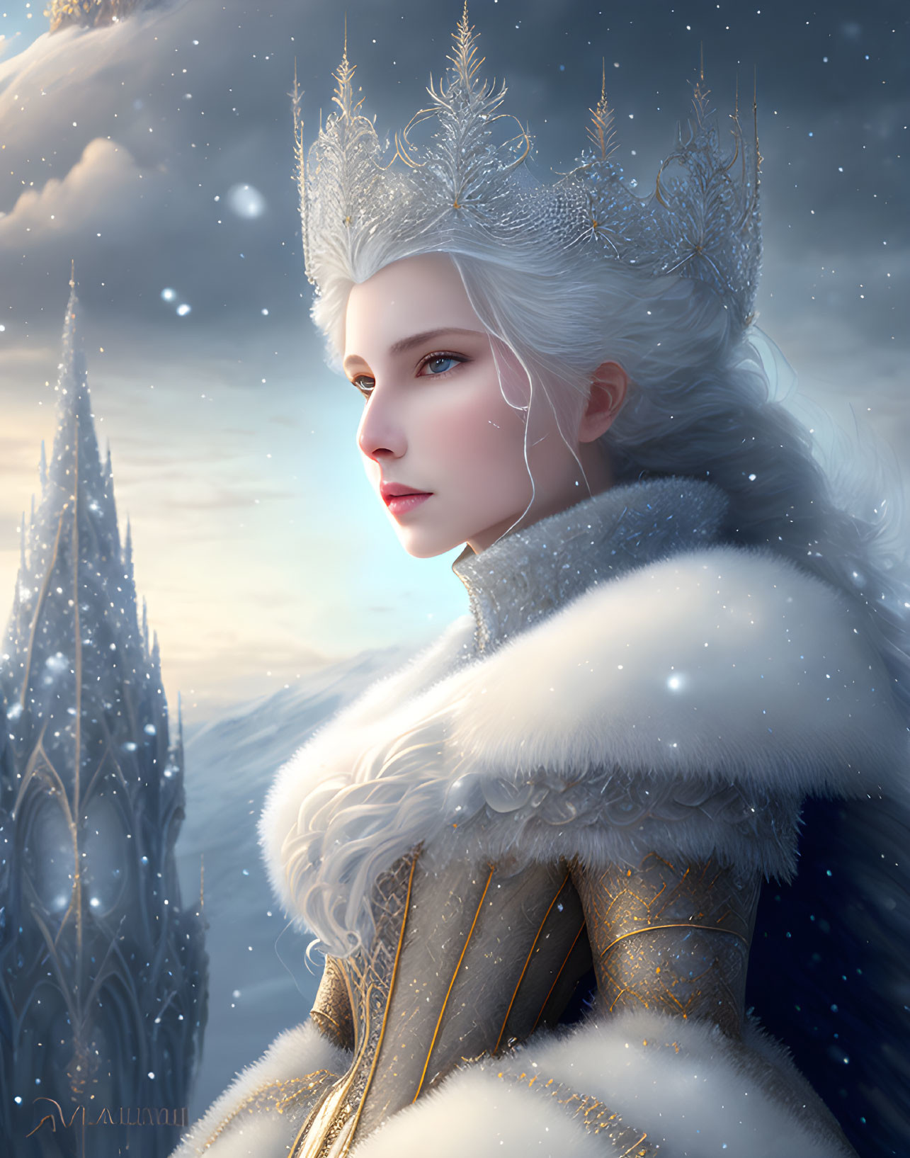 Ethereal woman in regal golden attire against snowy castle landscape